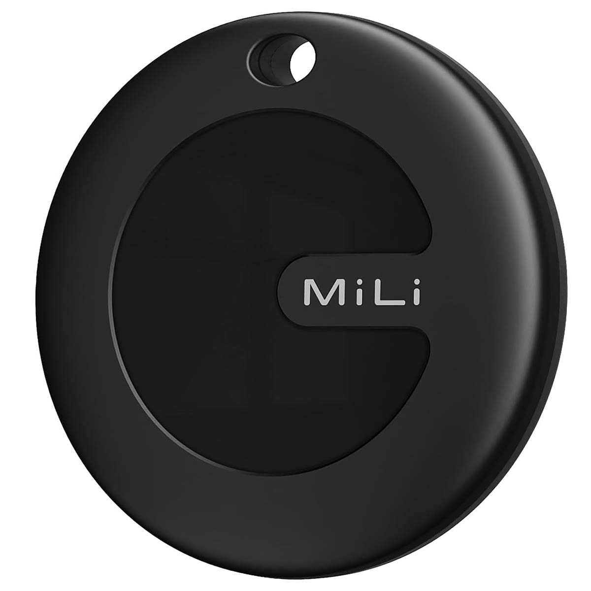 Un dispositivo nero e rotondo con la scritta bianca 'MiLi'. Ha un foro in alto. Sembra un tracker.