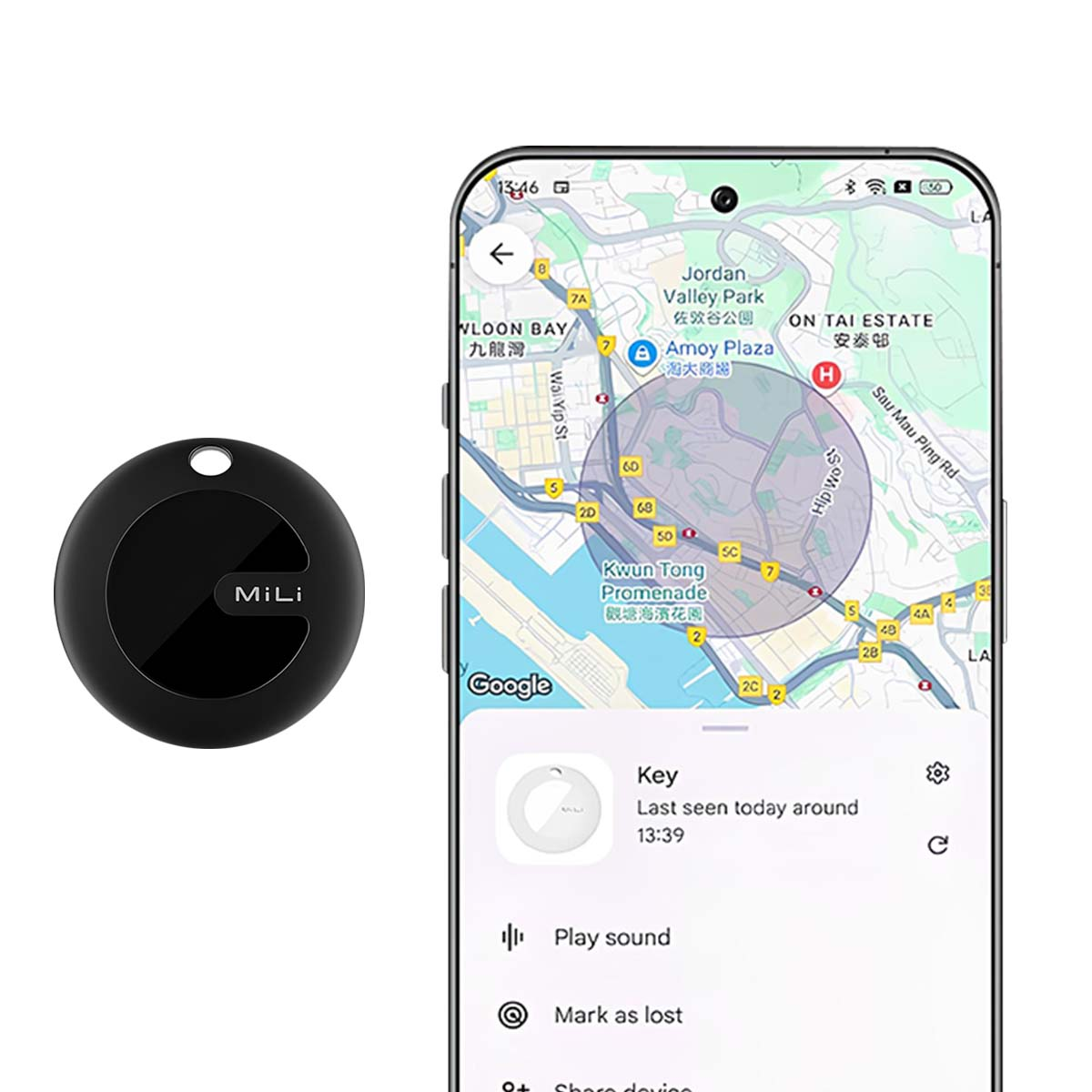 Tracker MiLi nero accanto a un telefono che mostra una mappa di Hong Kong e la posizione 'Key'. La chiave è stata vista l'ultima volta alle 13:39.