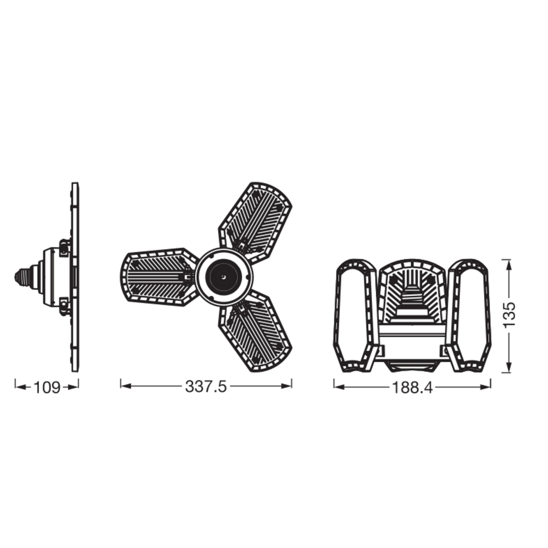 Technische Zeichnung eines Deckenventilators mit Maßangaben in Millimetern. Zeigt Draufsicht, Seitenansicht und Vorderansicht.