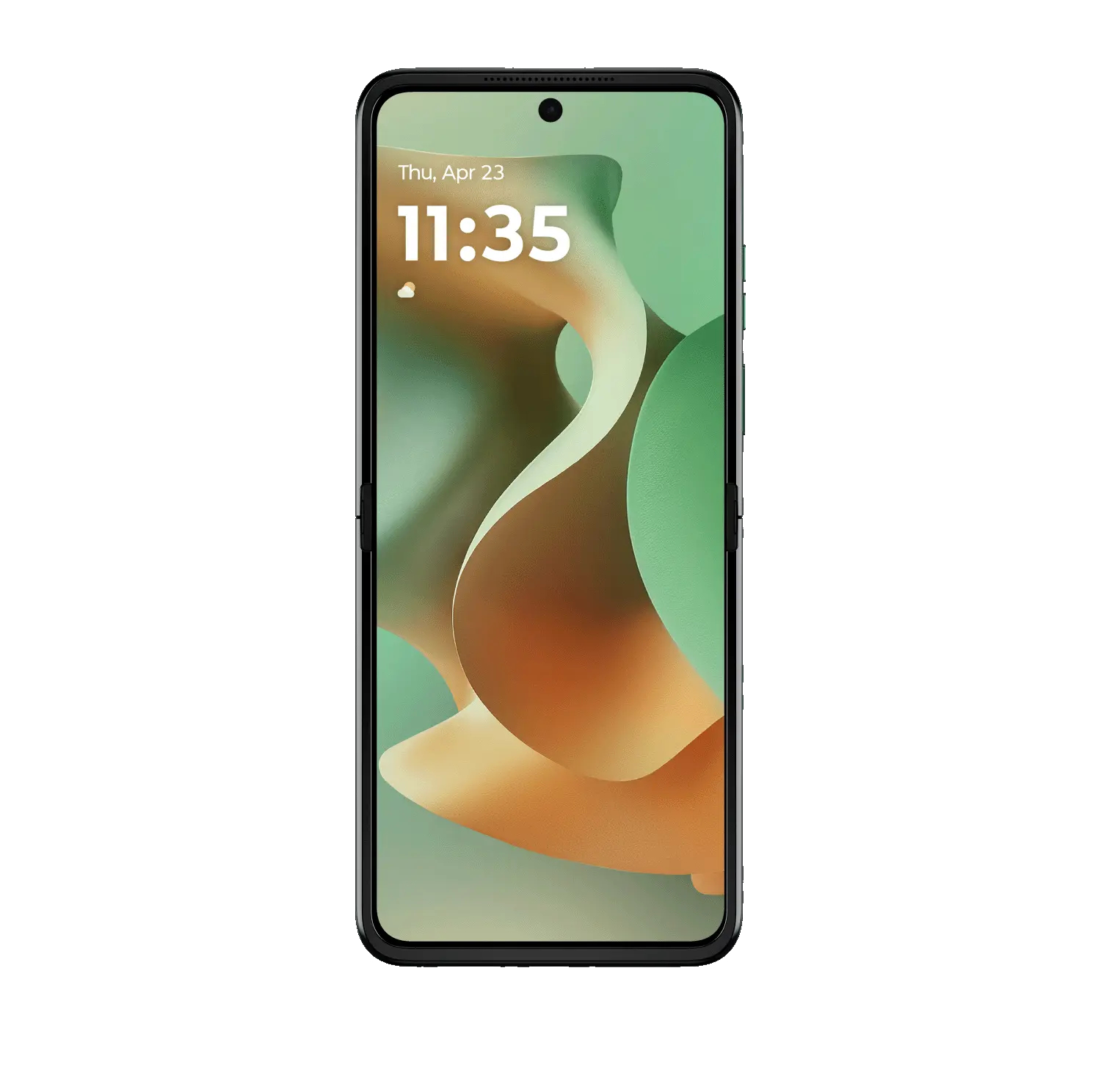 Smartfon wyświetla godzinę 11:35 na zielono-brązowym abstrakcyjnym tle. Telefon jest czarny z ramką.