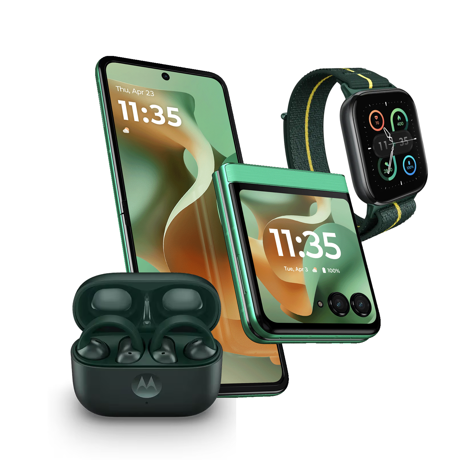 Smartfon, składany telefon, smartwatch i słuchawki, wszystkie w kolorze zielonym. Ekrany wyświetlają czas i inne informacje.