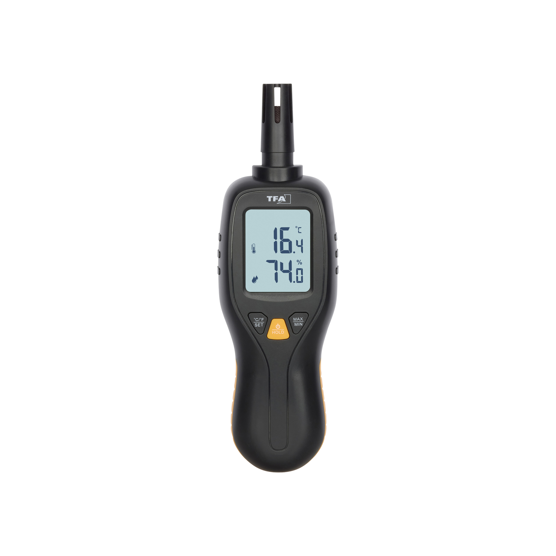 Ein schwarzes Digitalthermometer, das Temperatur und Luftfeuchtigkeit anzeigt, mit Tasten 'ON/OFF', 'HOLD' und 'MAX/MIN'.