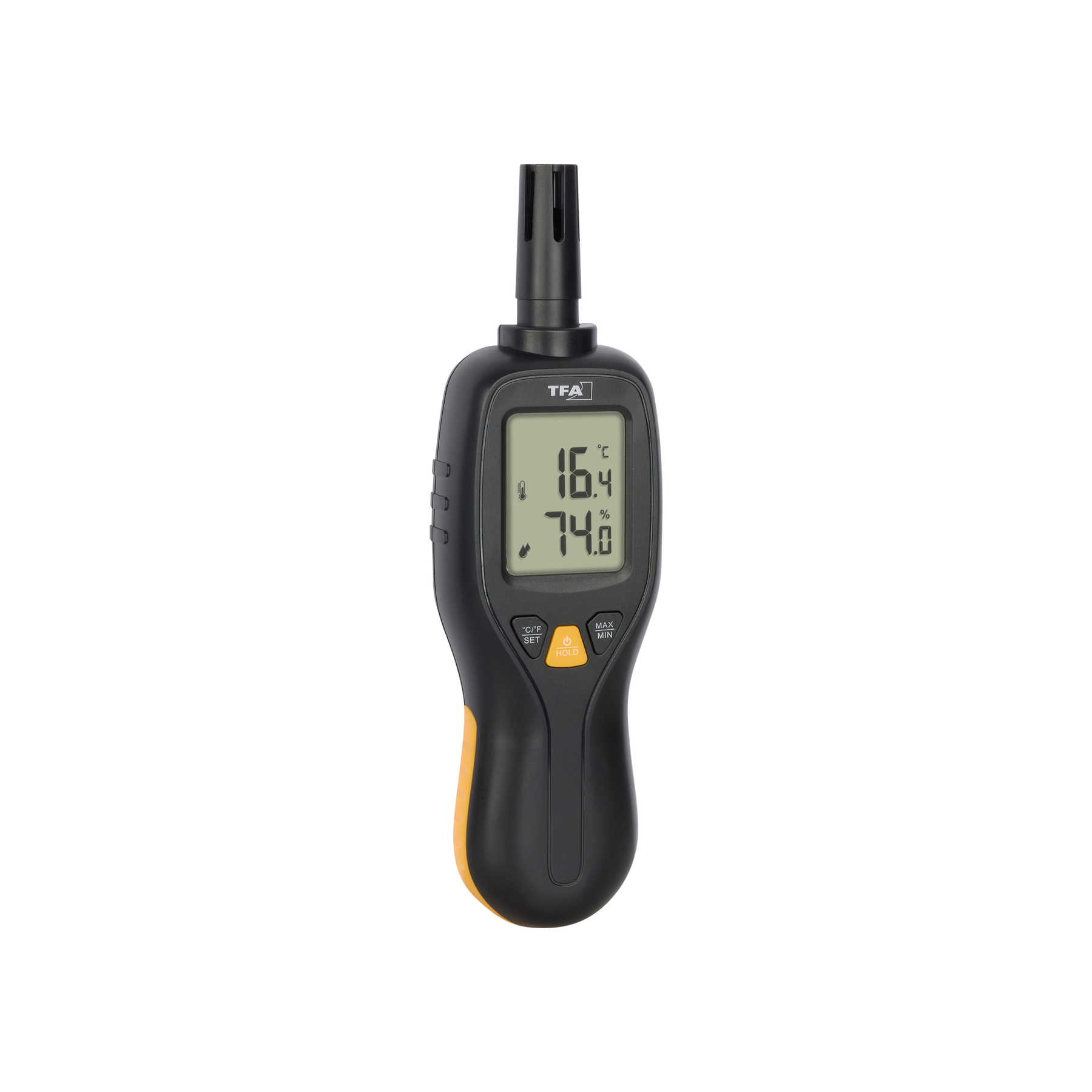 Ein schwarz-gelbes digitales Thermometer zeigt 16,4°C und 74,0% an. Es hat einen Sensor oben und Knöpfe.