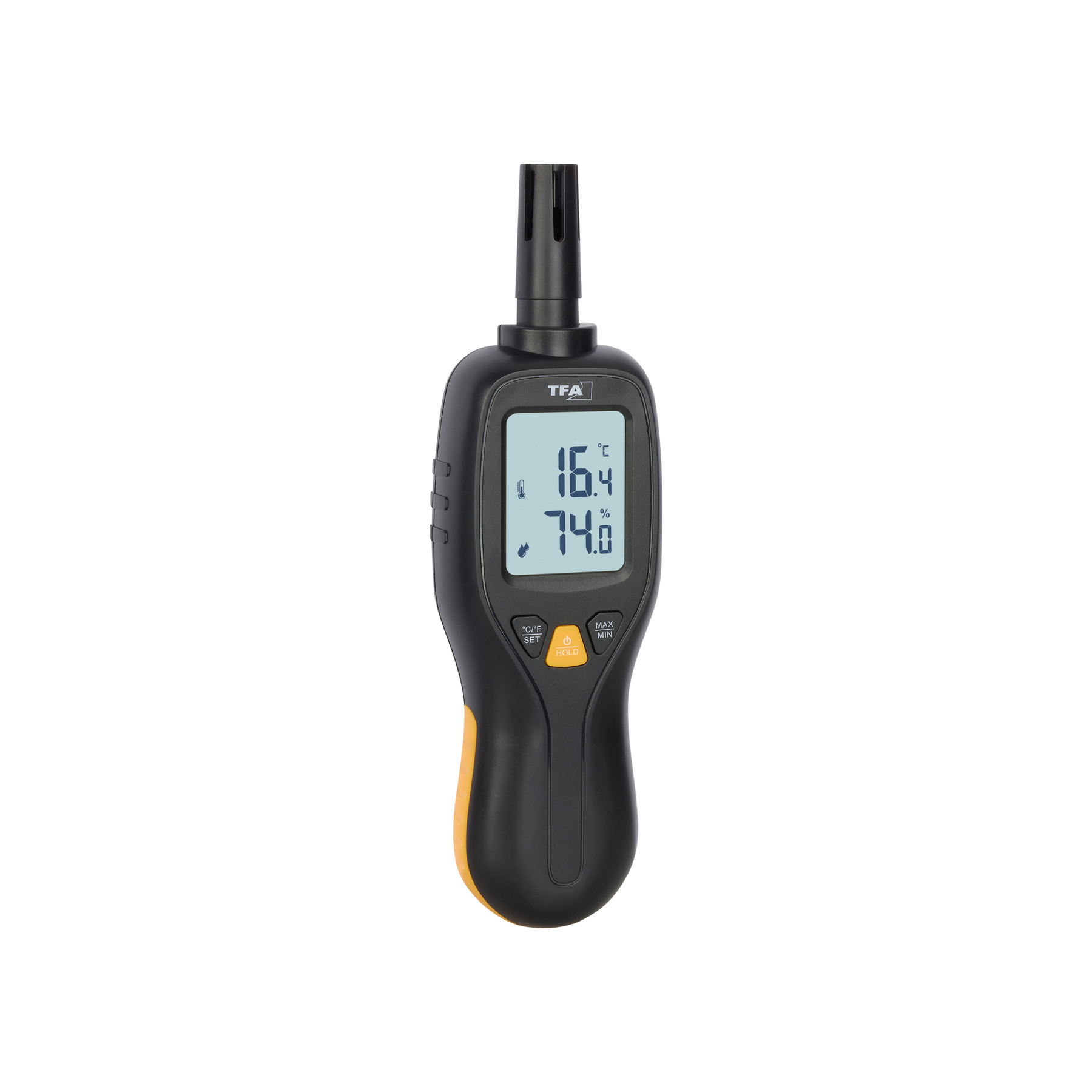 Ein schwarz-gelbes digitales Thermometer mit Anzeige von Temperatur und Luftfeuchtigkeit.