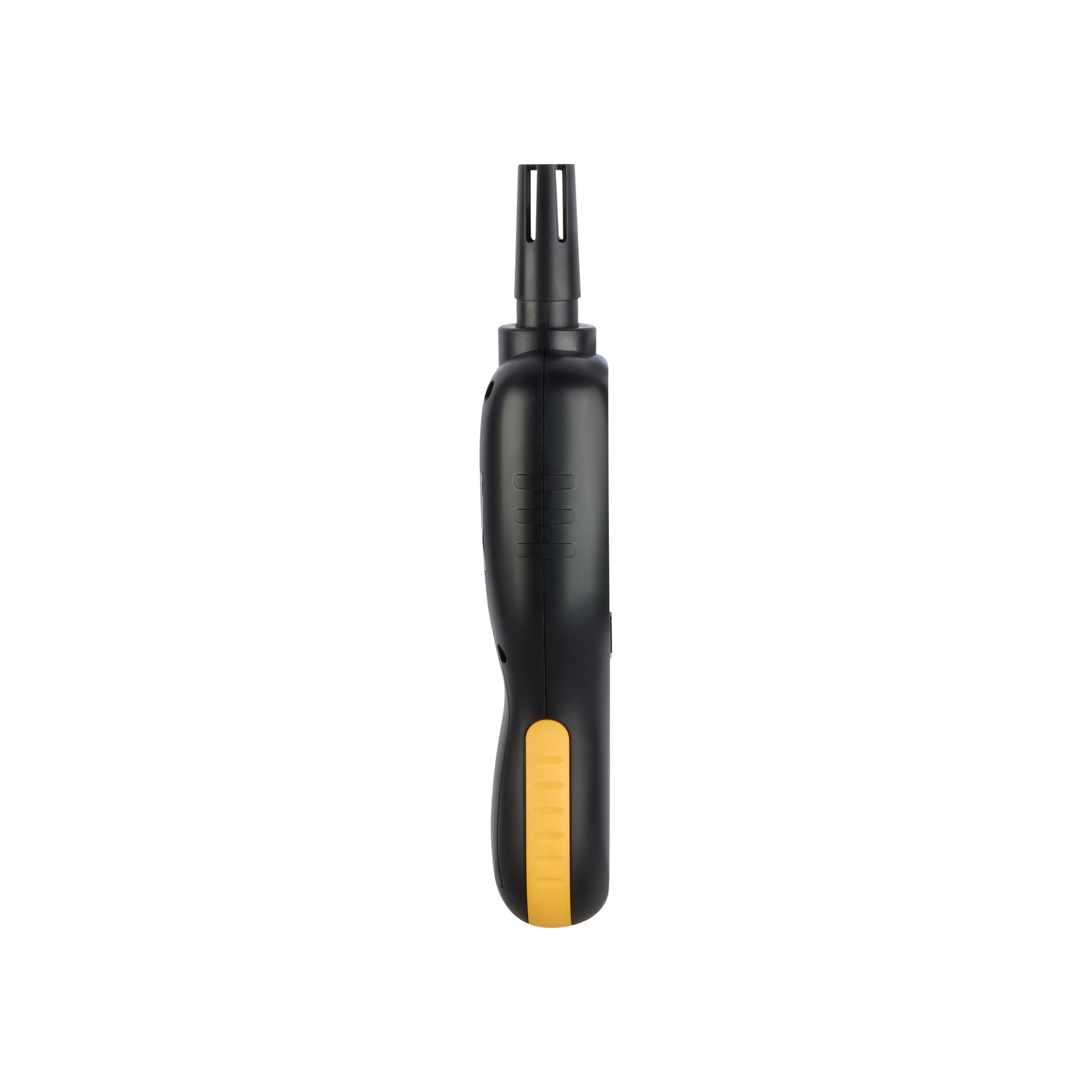 Ein schwarz-gelbes Handgerät mit einem Sensor oben. Der Hintergrund ist weiß.