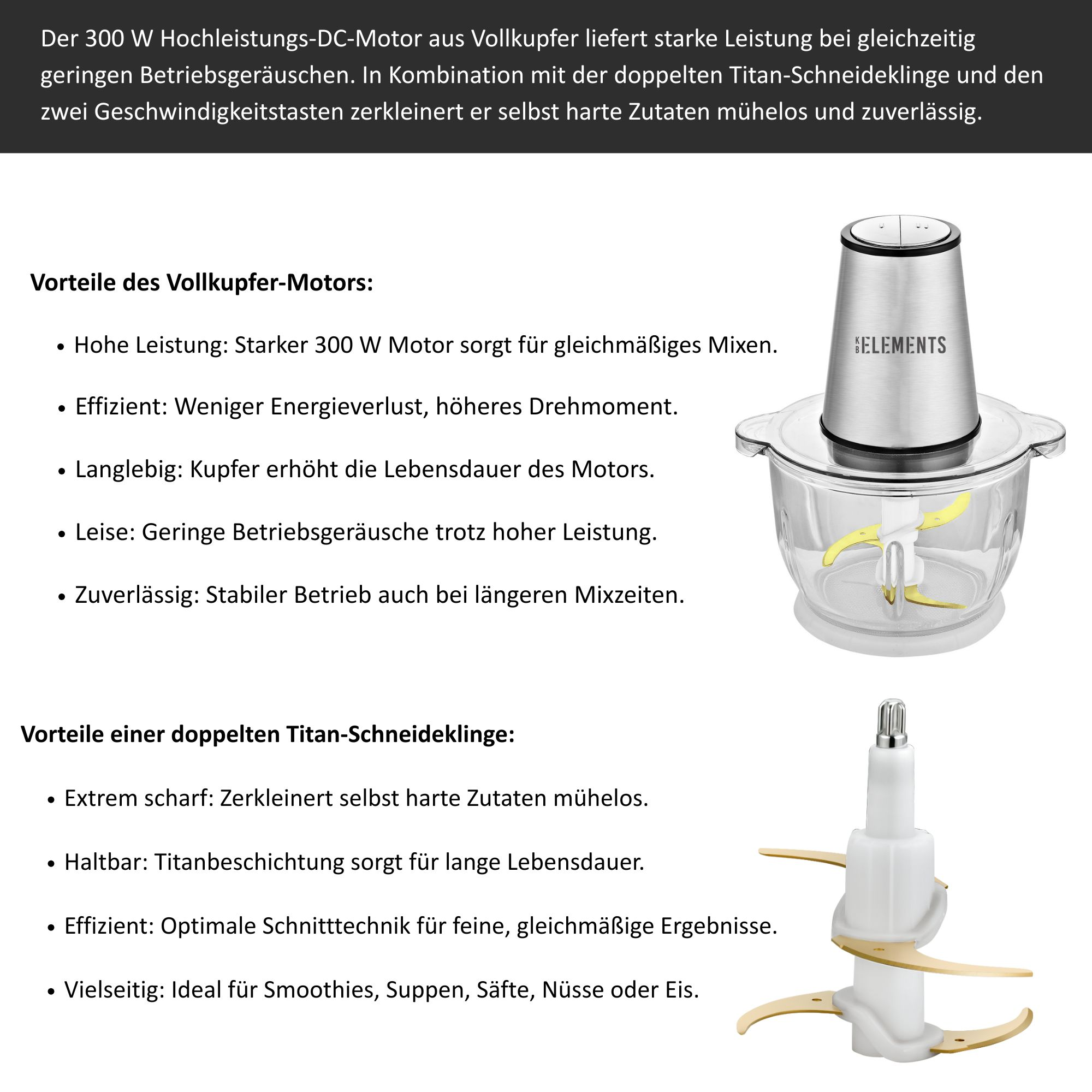 Ein Küchengerät mit Edelstahlplatte und klarer Schüssel. Eine Klinge befindet sich in der Schüssel. Text links.