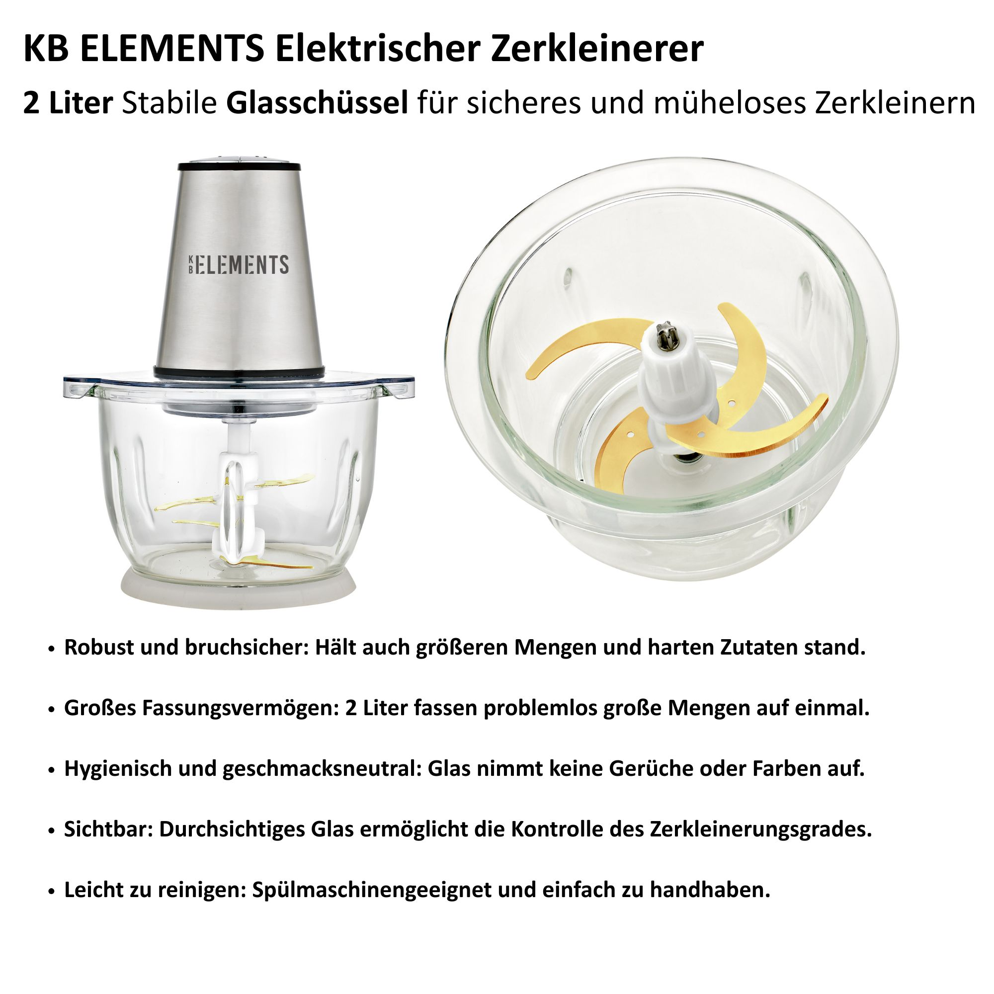 Elektrischer Zerkleinerer, transparente Glasschüssel, Edelstahl-Oberteil und goldene Klingen, ideal zum Hacken. Der Text zeigt seine Funktionen.
