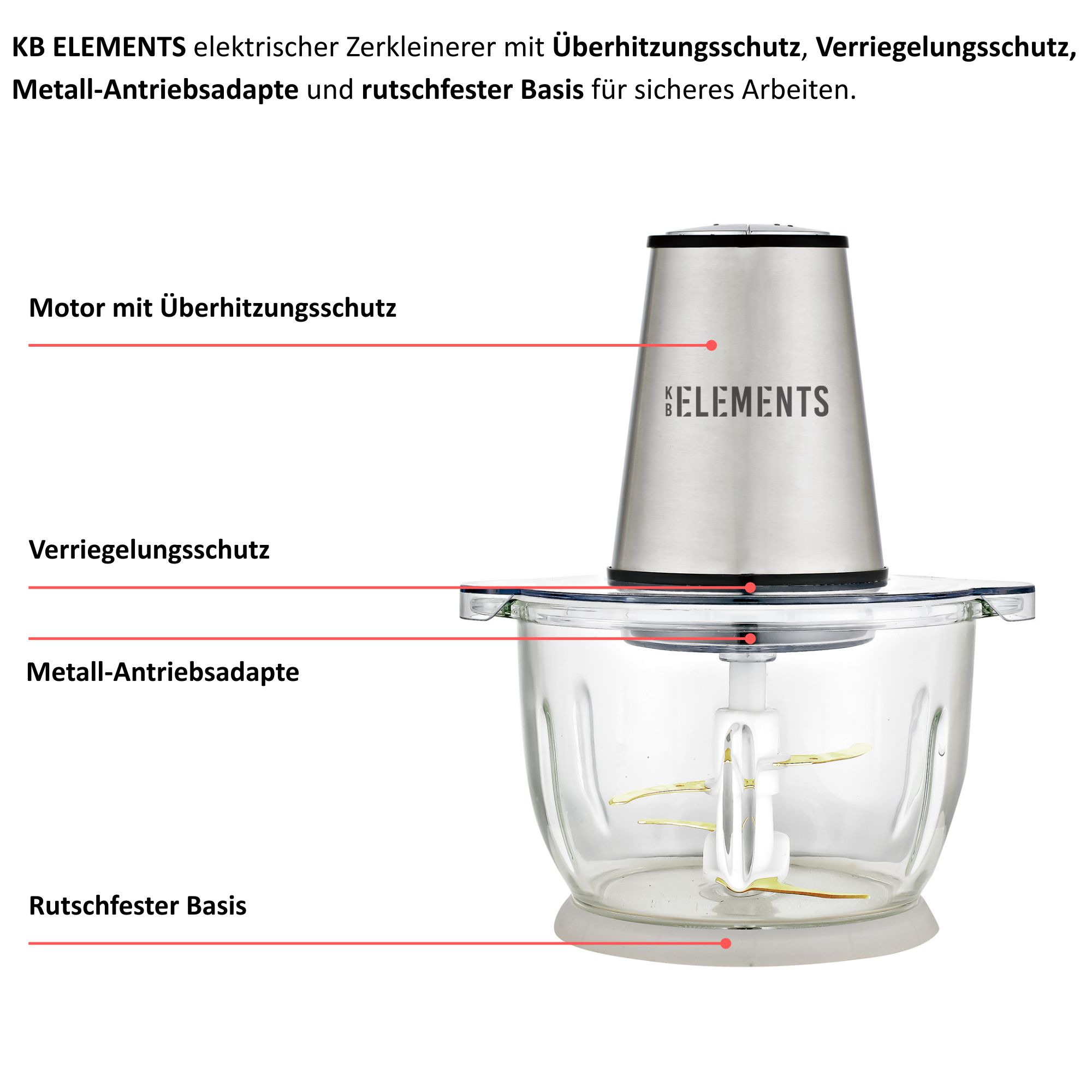 Ein Küchengerät mit Edelstahlmotor und Glasschüssel, mit Sicherheitsmerkmalen gekennzeichnet.
