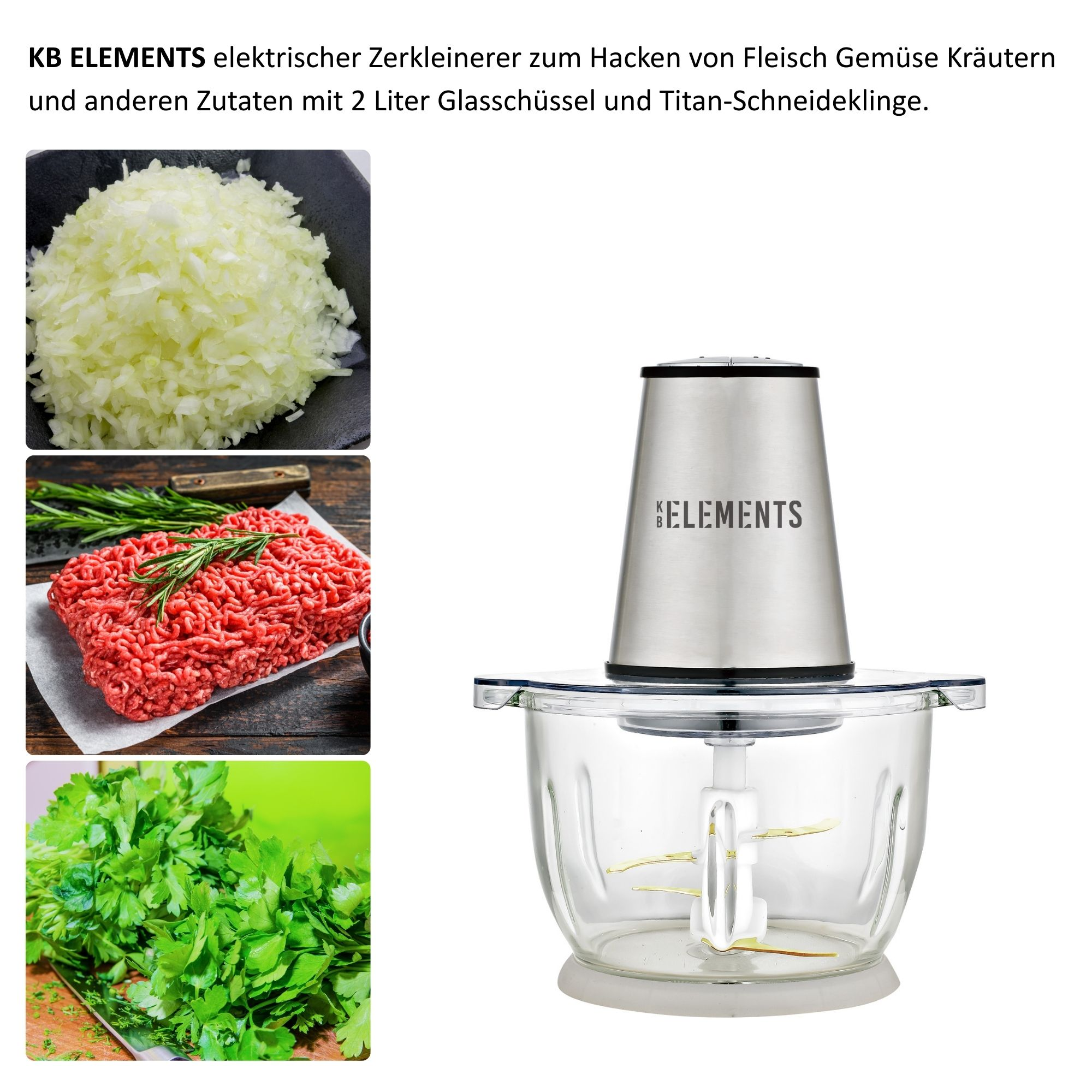 Zerkleinerer mit gehackten Zwiebeln, Fleisch und Kräutern. Edelstahl-Oberteil, Glasschüssel und Klingen. Weißer Hintergrund.