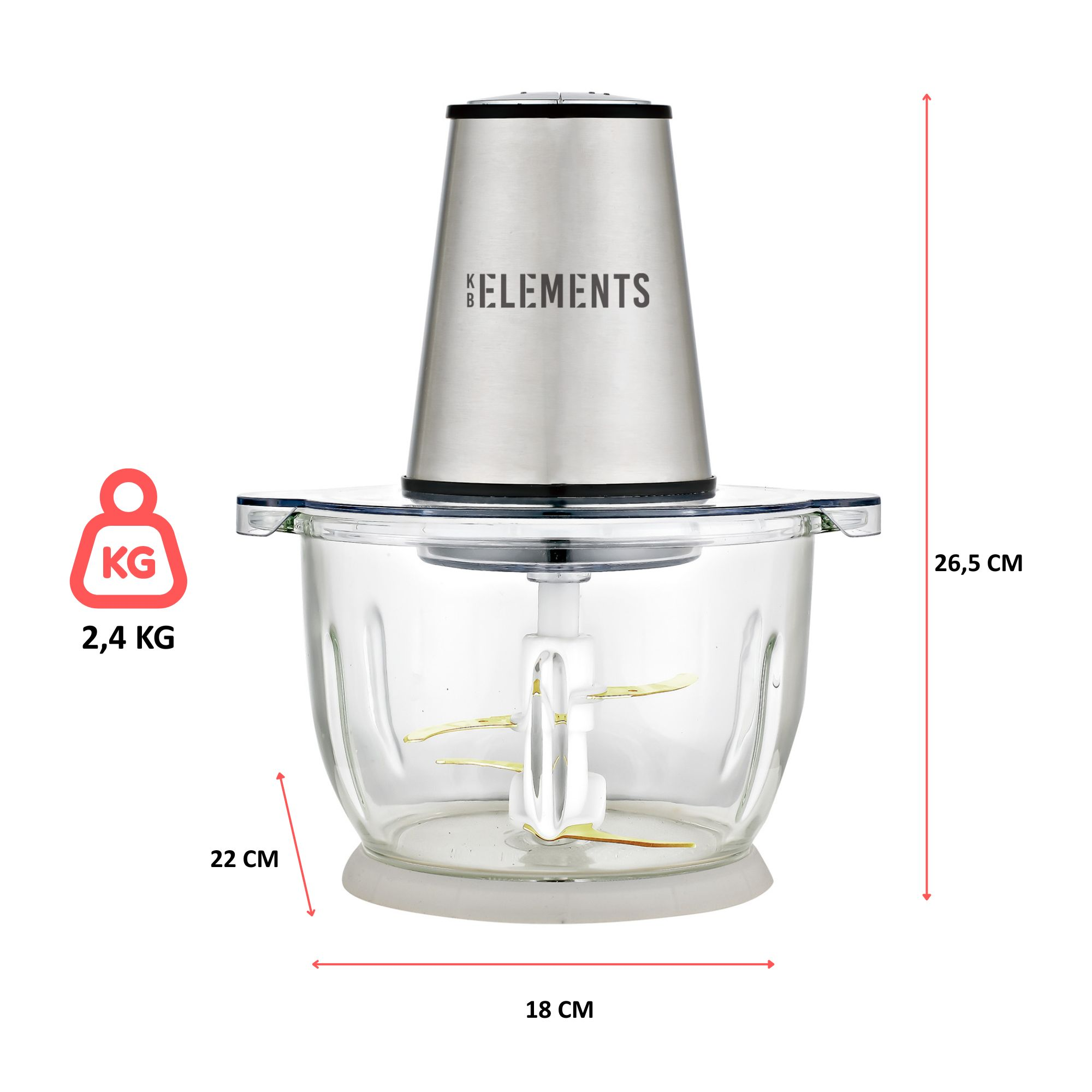 Küchenmaschine mit Glasbehälter, Edelstahlaufsatz und Klingen. Abmessungen sind angegeben. Gewicht: 2,4 kg.