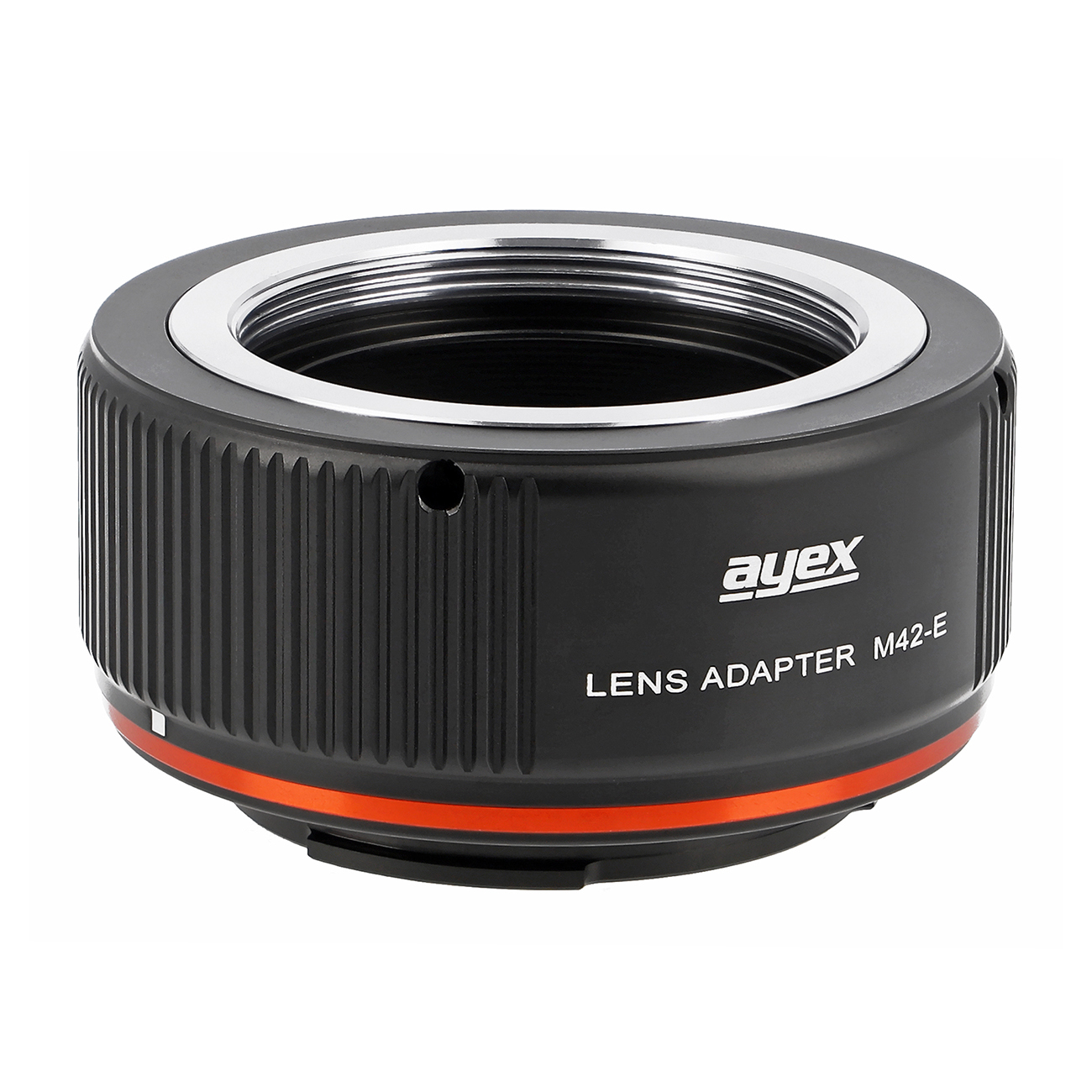 Ein schwarzer Objektivadapter mit silbernen und orangefarbenen Akzenten. Er trägt den Markennamen 'ayex' und die Aufschrift 'LENS ADAPTER M42-E'.