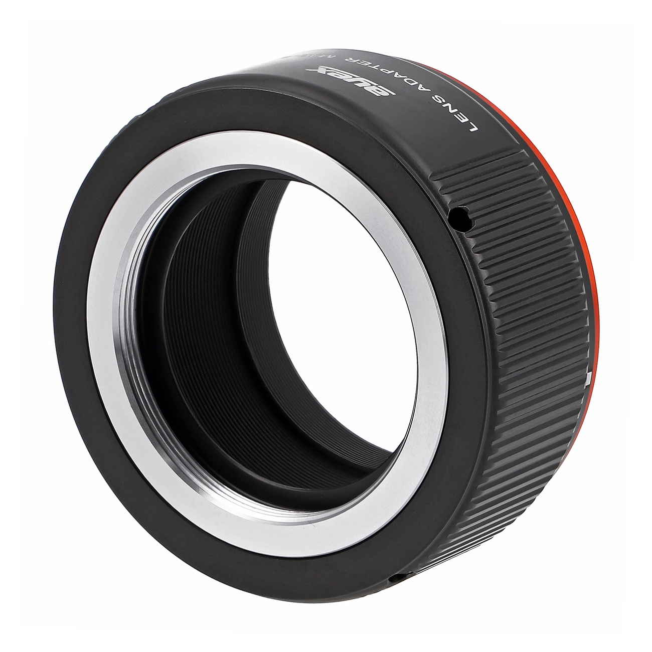 Ein schwarzer Objektivadapter mit silbernem Ring. Der Adapter hat den Text 'LENS ADAPTER' und einen roten Rand. Er ist auf weißem Hintergrund isoliert.