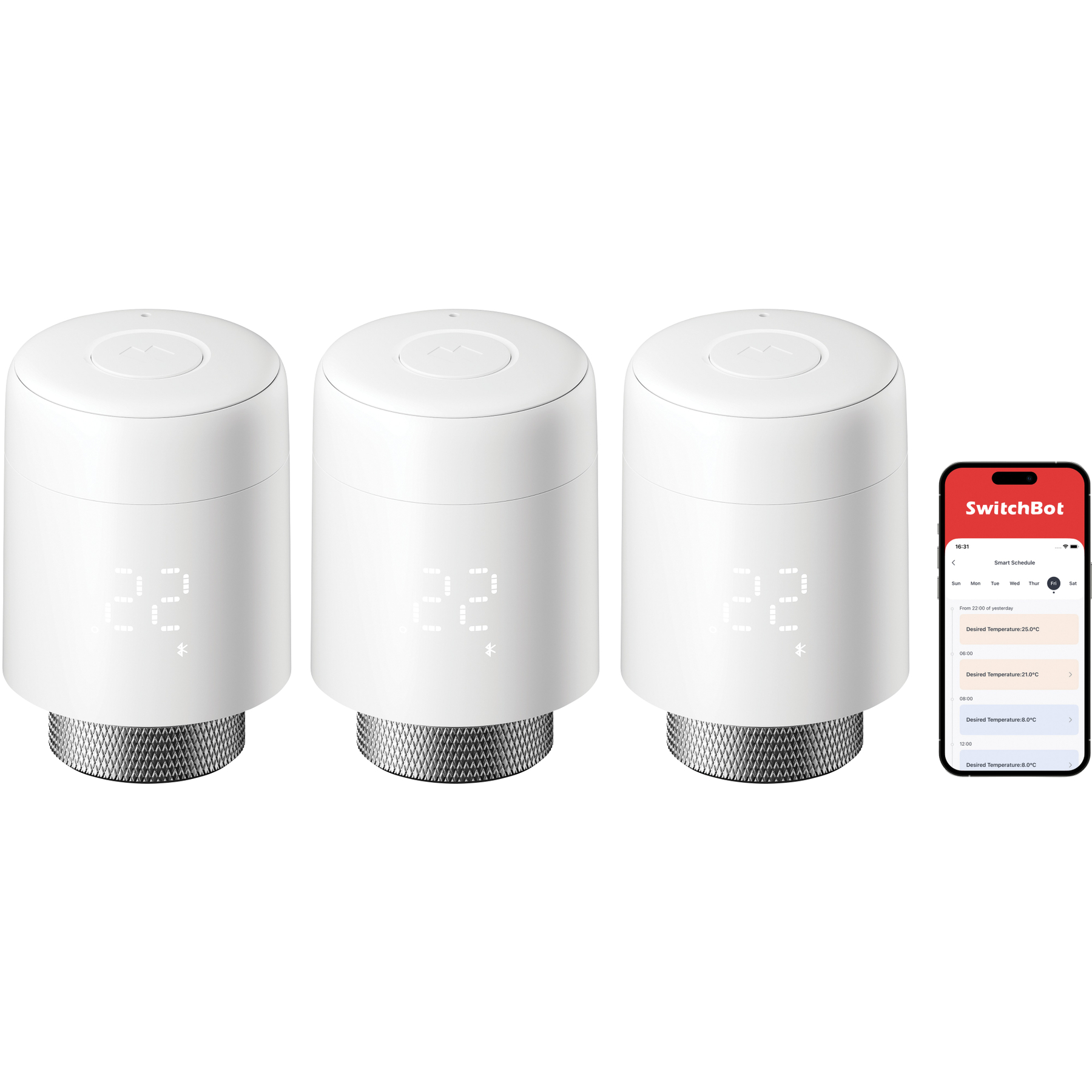 Drei weiße intelligente Thermostate mit einem Telefon, das die SwitchBot-App zeigt. Jedes zeigt 22°C an.