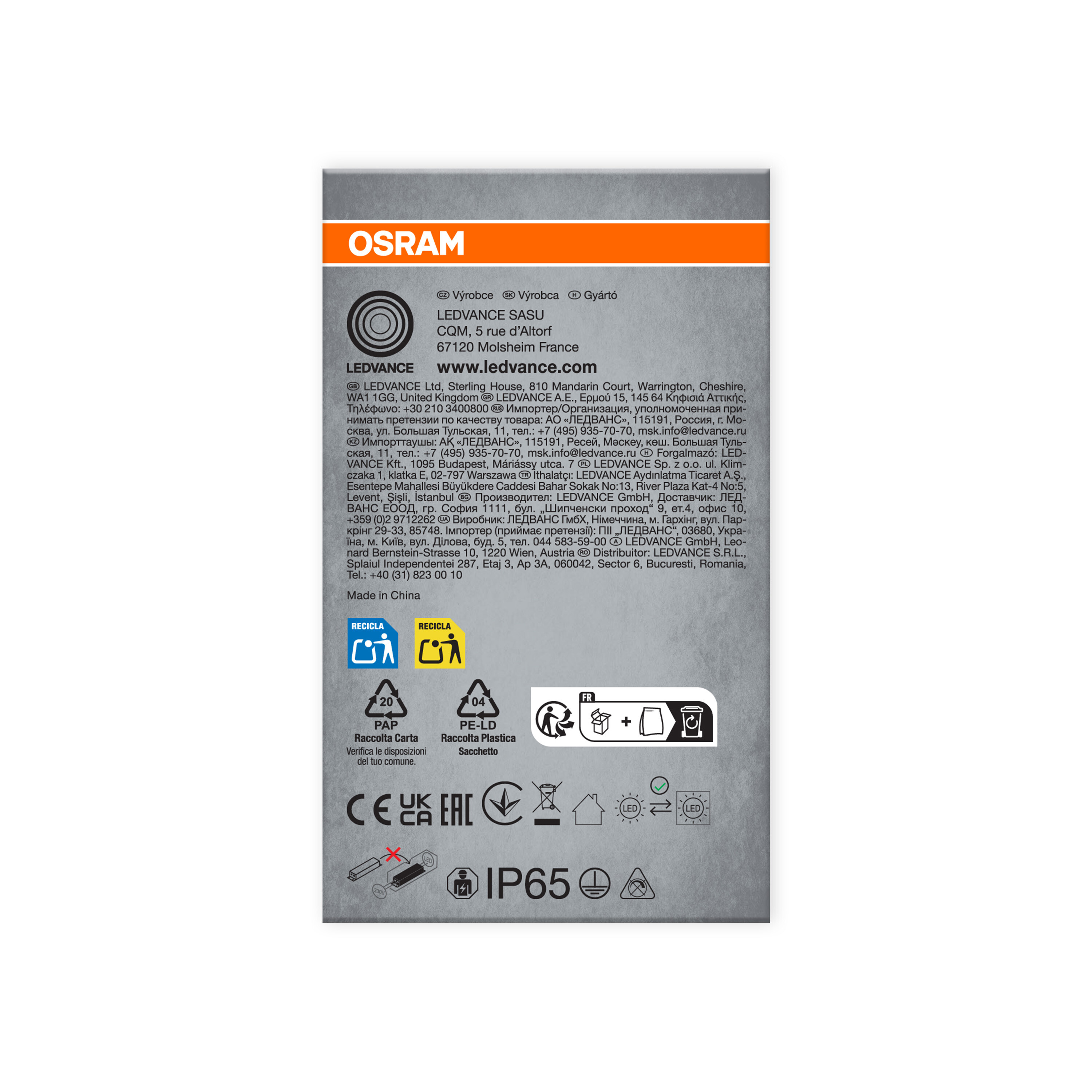 Produktverpackung mit OSRAM-Logo, Recycling-Symbolen und Texten über das Produkt und den Hersteller.