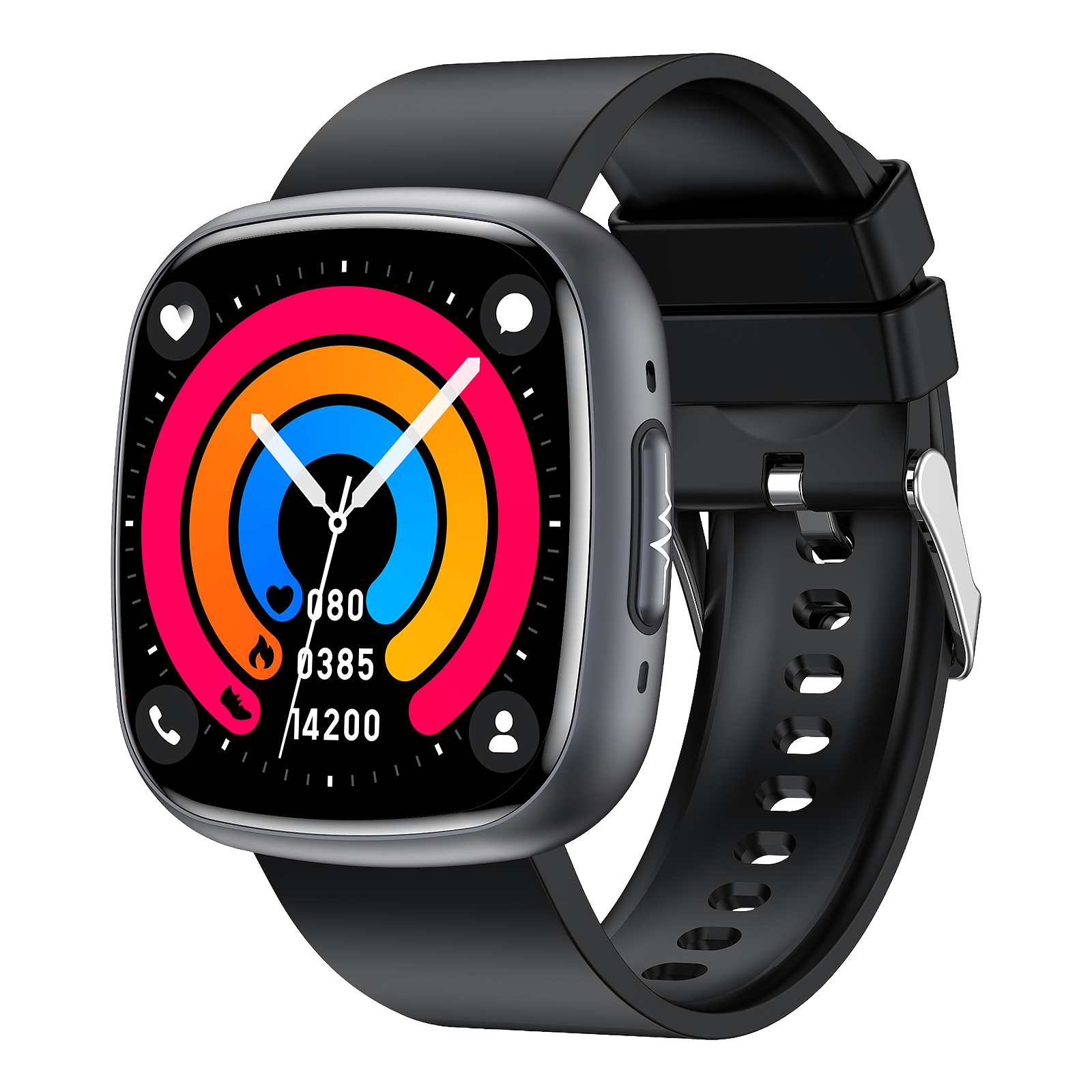 Eine Smartwatch mit schwarzem Armband, dunklem Bildschirm mit bunten Kreisen und weißen Zeigern. Es zeigt Daten an.