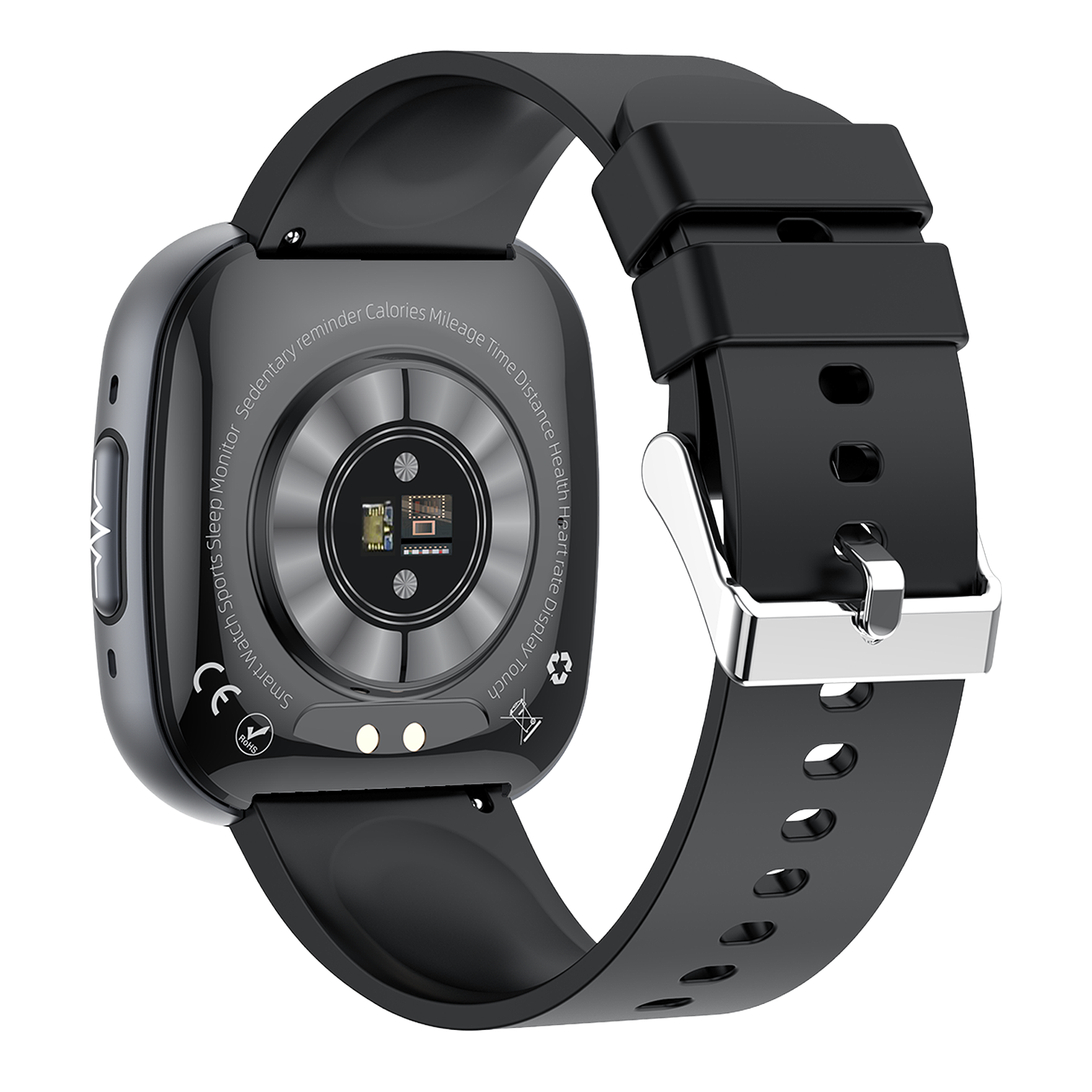 Schwarze Smartwatch, Rückansicht. Sie hat ein schwarzes Armband mit silberner Schnalle und ein Touch-Display. Merkmale sind Herzfrequenz und Kalorien.