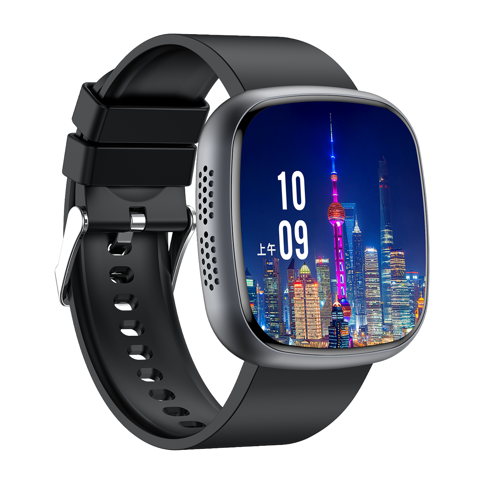 Eine schwarze Smartwatch zeigt bei Nacht eine Skyline mit der Uhrzeit 10:09. Die Uhr hat ein schwarzes Armband.