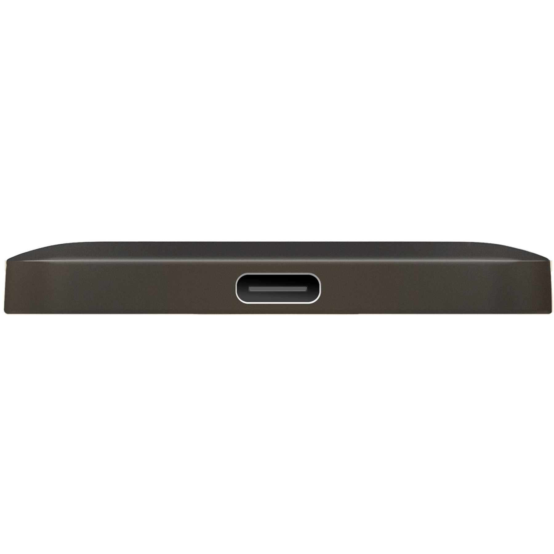 Ein dunkelgraues Gerät, möglicherweise eine externe Festplatte, mit einem USB-C-Anschluss.