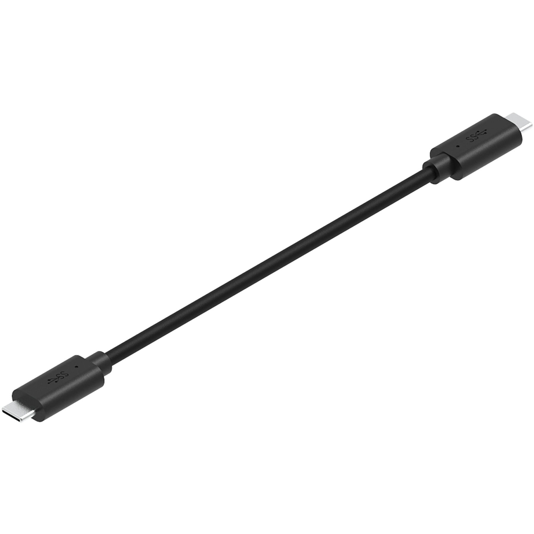 Ein schwarzes USB-C-Kabel. Es hat Anschlüsse an beiden Enden. Der Hintergrund ist weiß.