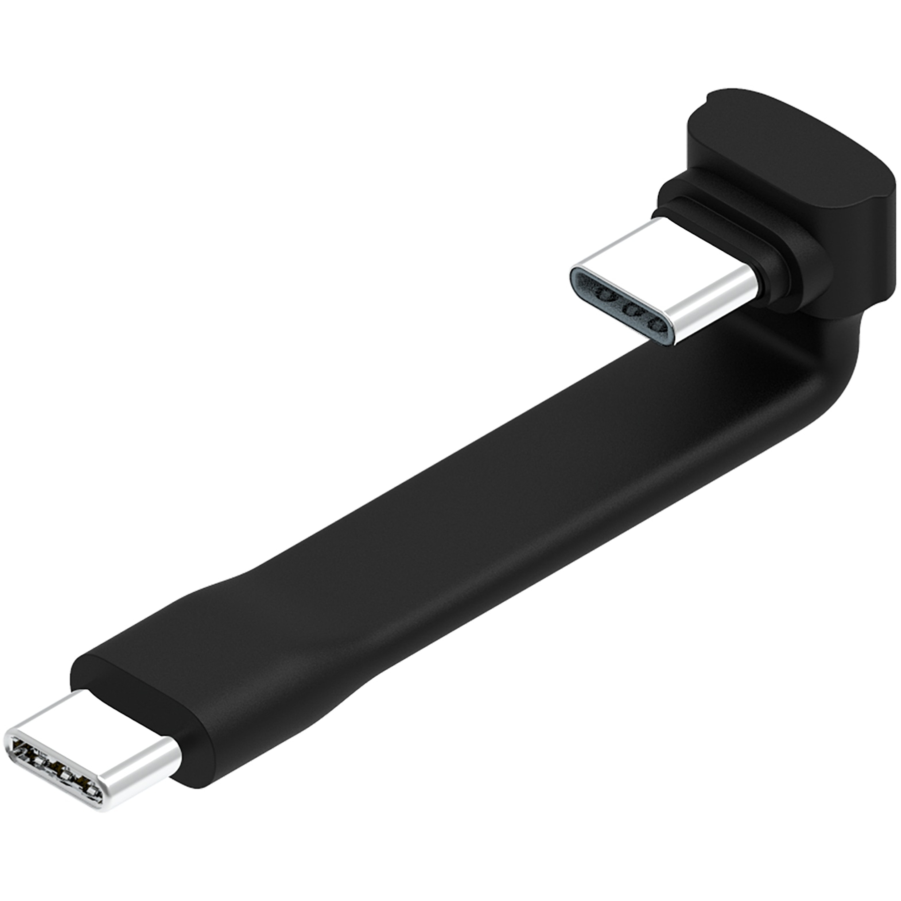 Schwarzes USB-C-Kabel mit zwei silbernen Steckern, abgewinkeltes Design, weißer Hintergrund.