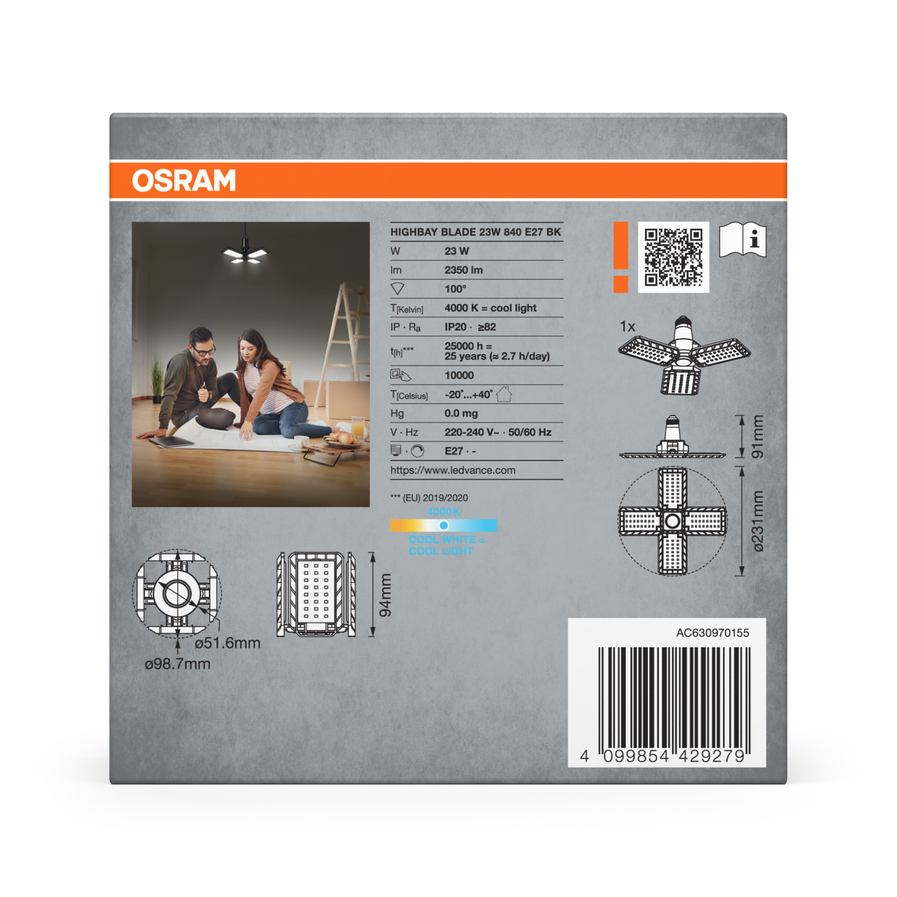 Produktbox mit Details und einem Bild einer Lampe, mit Spezifikationen und einem Barcode.