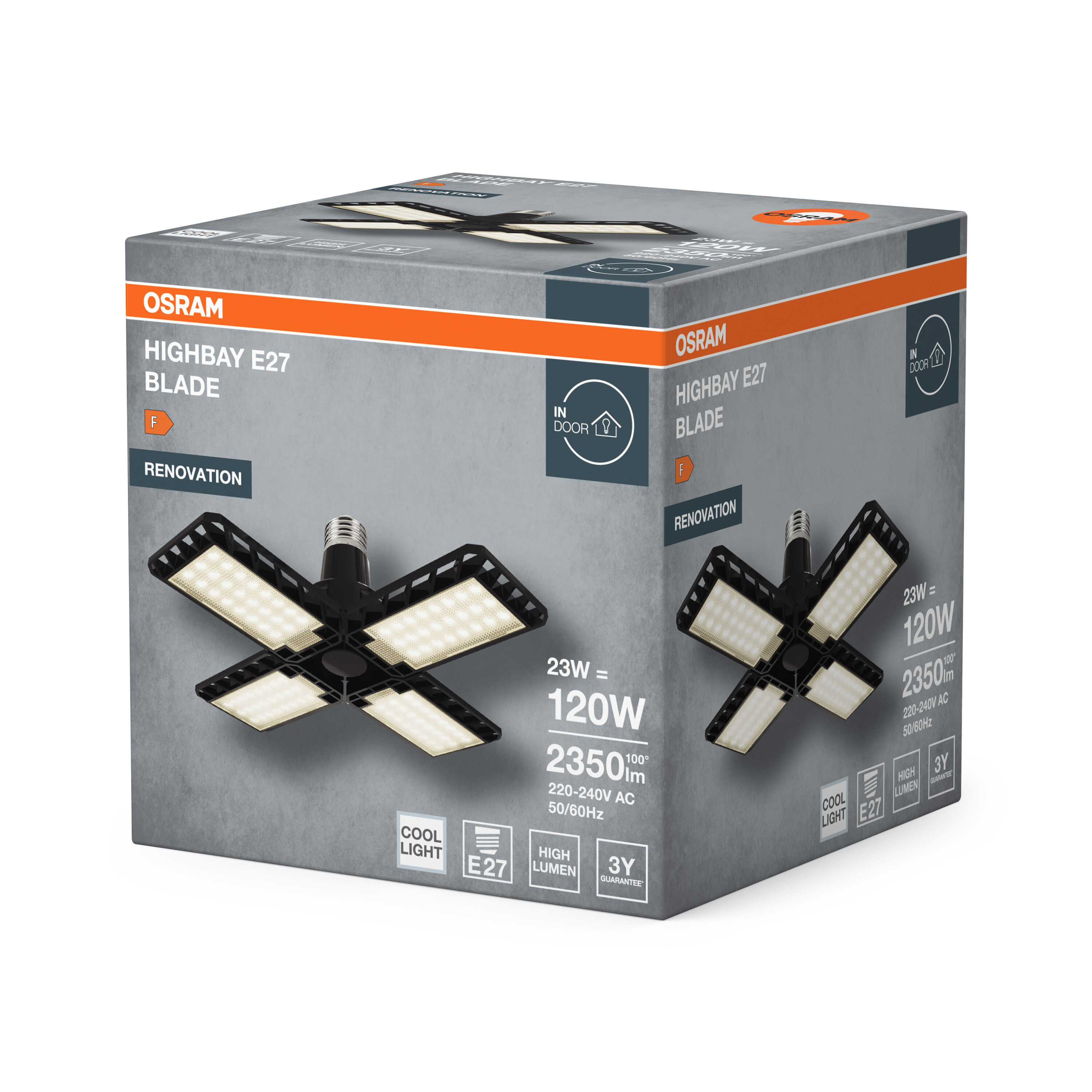 Eine Schachtel mit einem Highbay E27 Blade Licht von Osram wird angezeigt. Es ist ein Renovierungsprodukt.