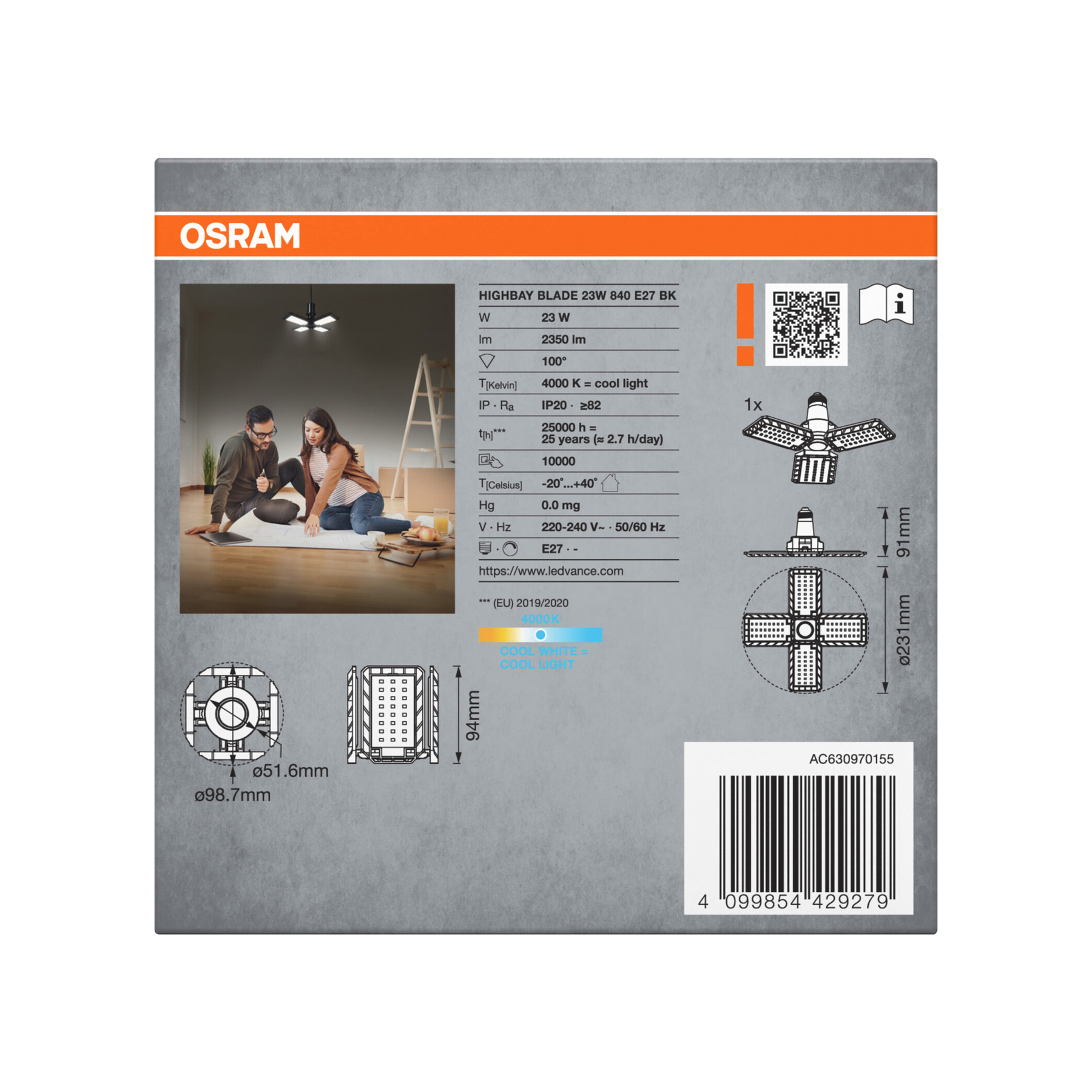 OSRAM-Produktverpackung. Enthält Produktdetails, Diagramme und ein Foto eines Paares bei der Planung. Weiß und orange.