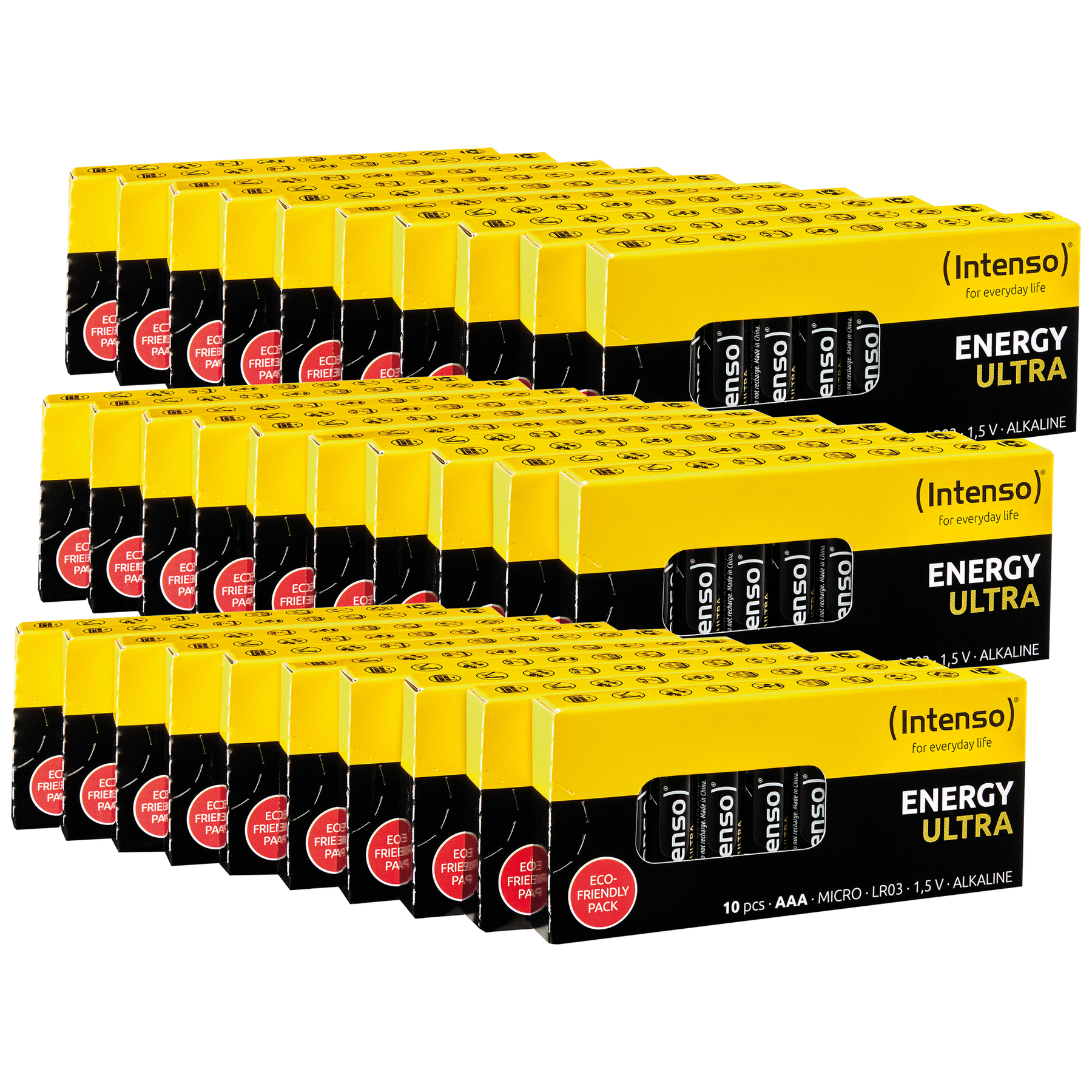 Mehrere Schachteln mit 'Intenso'-Batterien. Gelbe Schachteln mit schwarzen Akzenten, jede enthält AAA-Batterien. Text: 'ENERGY ULTRA'.