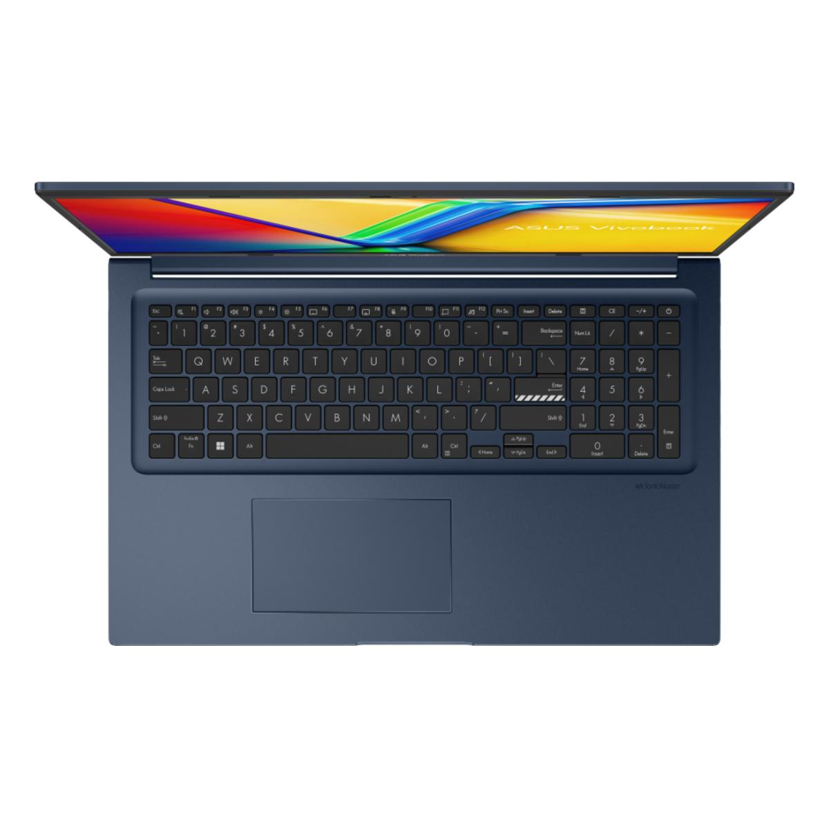 Ein dunkelblauer Laptop, Draufsicht, geöffnet. Tastatur mit Buchstaben und Zahlen sichtbar, Touchpad unten. Buntes Gradienten-Display.