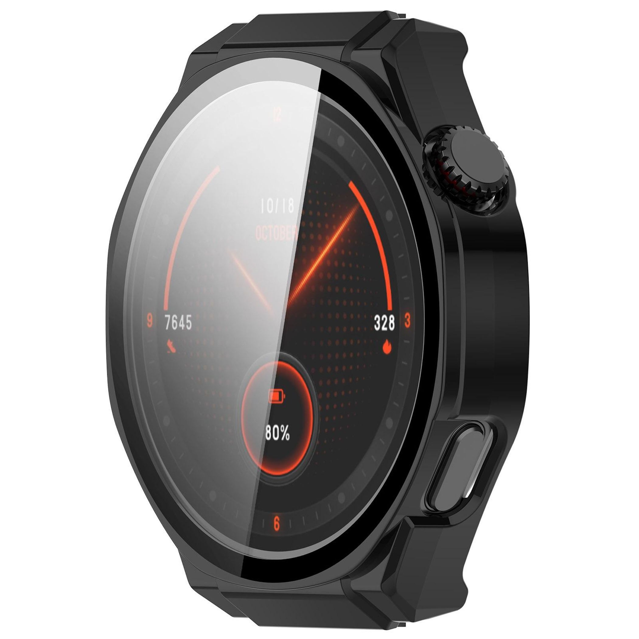 Eine schwarze Smartwatch zeigt Datum, Uhrzeit, Schritte, Herzfrequenz und Akkulaufzeit an. Sie hat ein rundes Zifferblatt und befindet sich auf weißem Hintergrund.