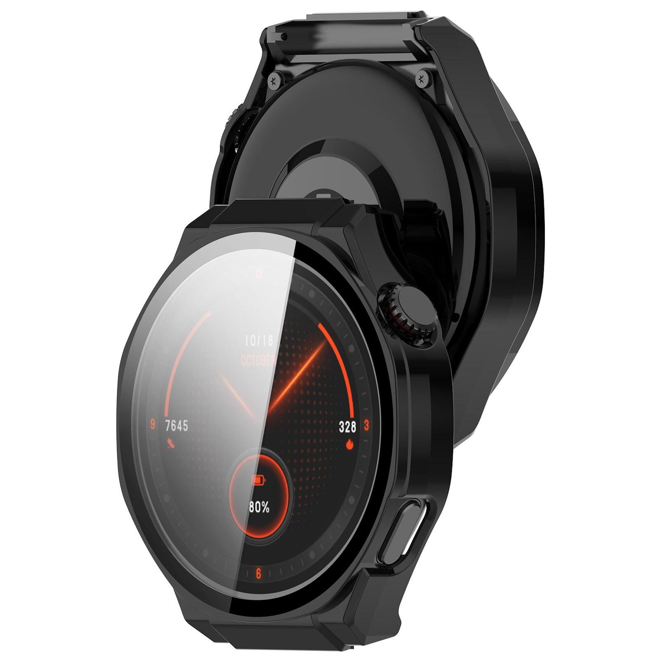 Schwarze Smartwatch mit Datum, Uhrzeit, Schritten und Akkustand. Die Uhr befindet sich auf weißem Hintergrund.