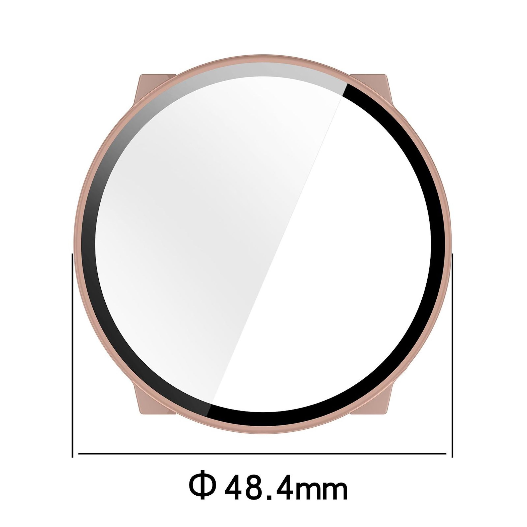 Un quadrante con lunetta oro rosa e bordo nero. Il diametro è 48,4 mm. Sfondo bianco.