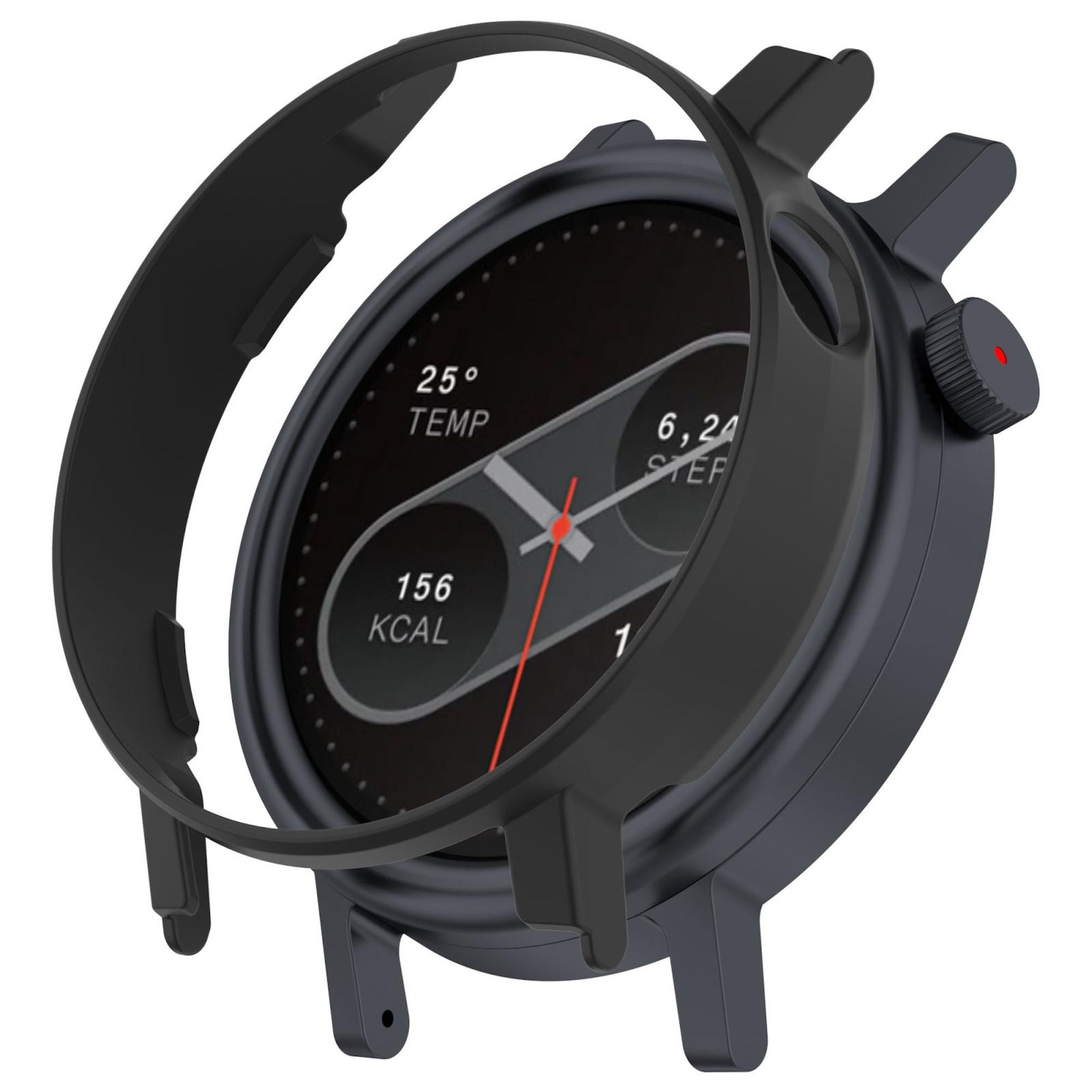 Schwarze Smartwatch mit schwarzem Gehäuse, die Zeit, Temperatur, Schritte und Kalorien anzeigt. Roter Sekundenzeiger. Schwarzes Gehäuse.