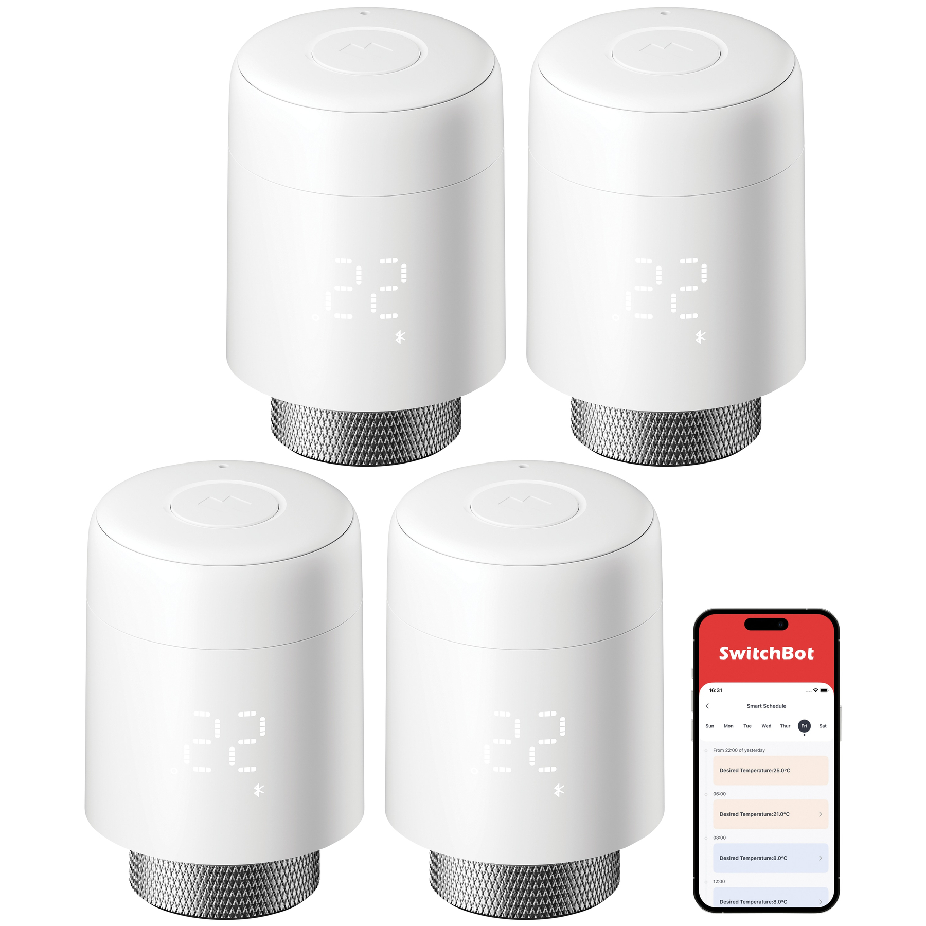 Vier weiße intelligente Thermostate mit 22°C. Ein Telefon zeigt die SwitchBot-App mit einem Zeitplan.
