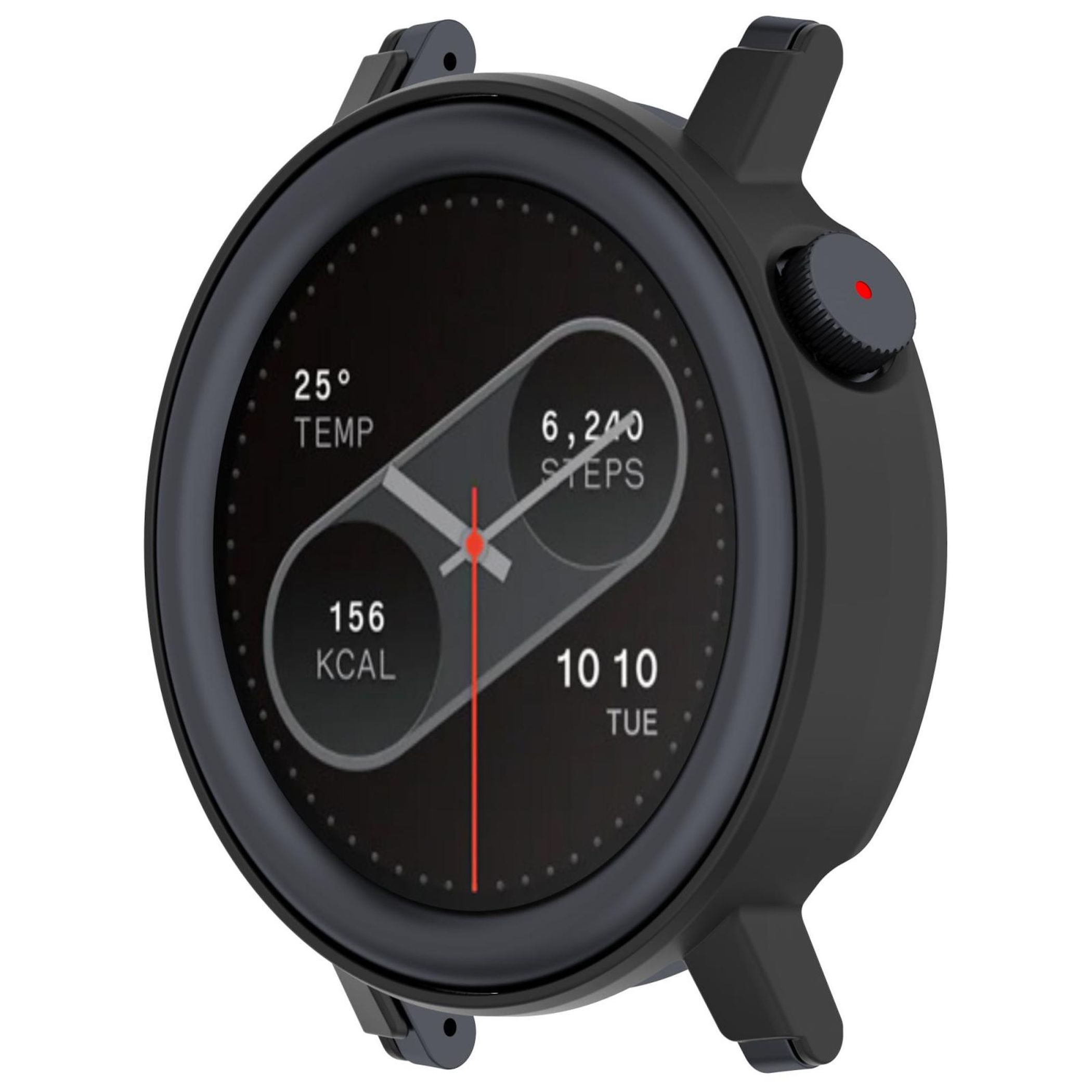 Eine schwarze Smartwatch zeigt Temperatur, Schritte, Kalorien und Zeit an. Sie hat einen roten Knopf und ein schwarzes Armband.