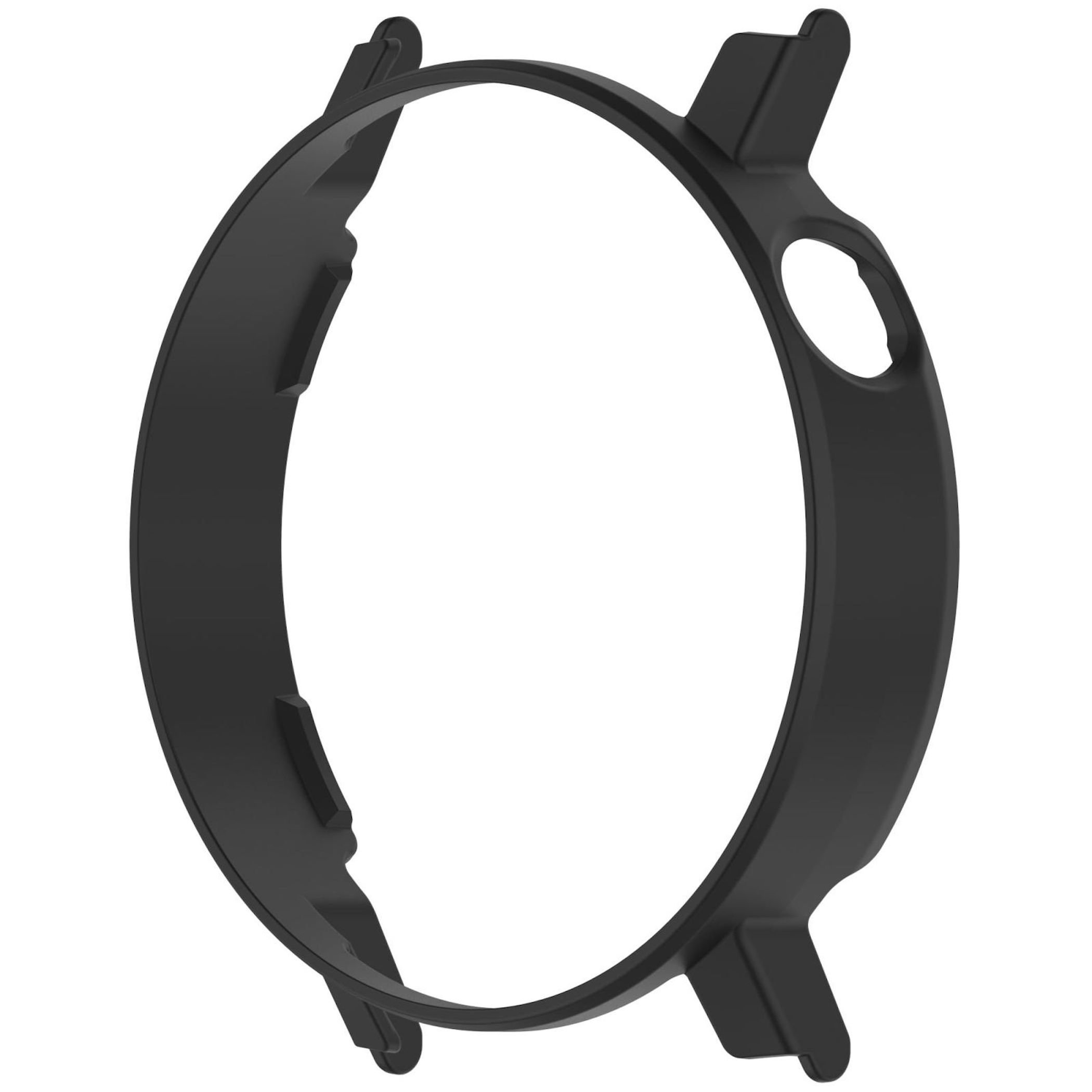 Eine schwarze Uhrenhülle mit kreisförmigem Design, schützenden Kanten und einer kleinen Öffnung.