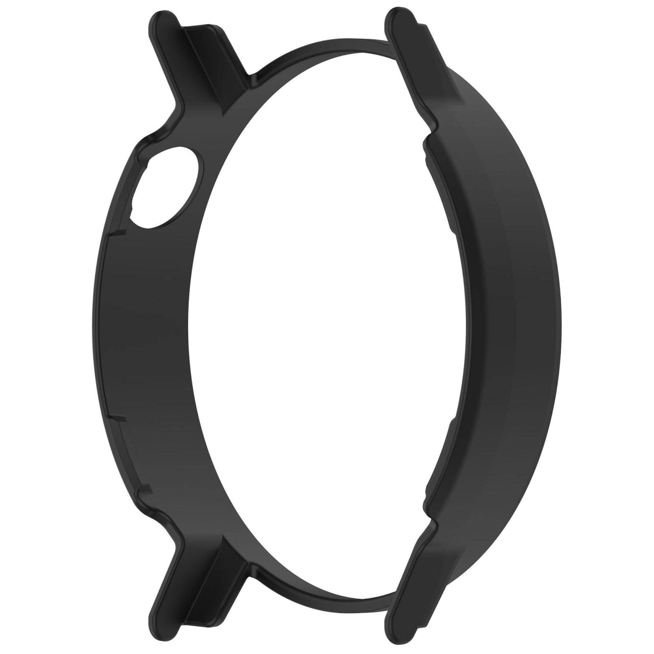 Schwarzes kreisförmiges Uhrengehäuse mit Aussparungen. Es hat einen erhöhten Rand und schützt die Uhr. Weißer Hintergrund.