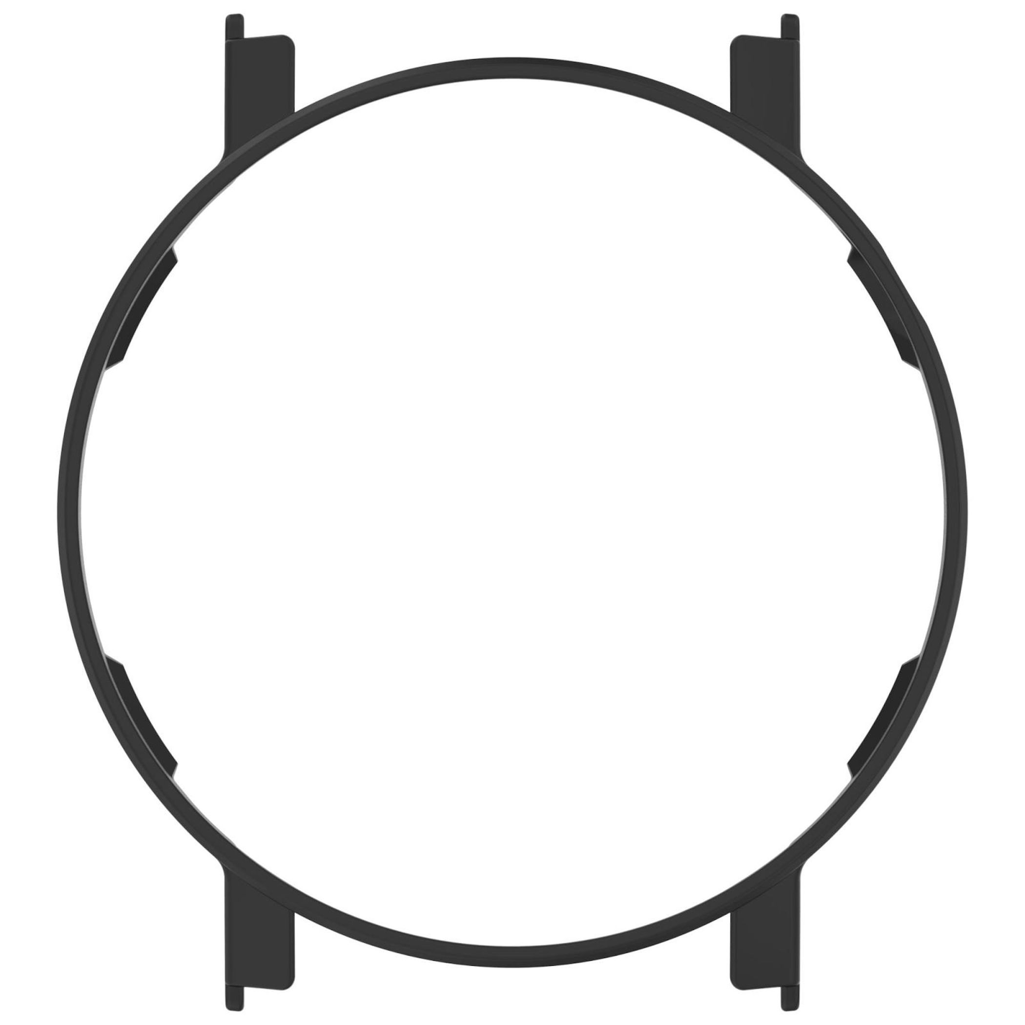Eine schwarze kreisförmige Halterung mit Befestigungslaschen oben und unten auf weißem Hintergrund.