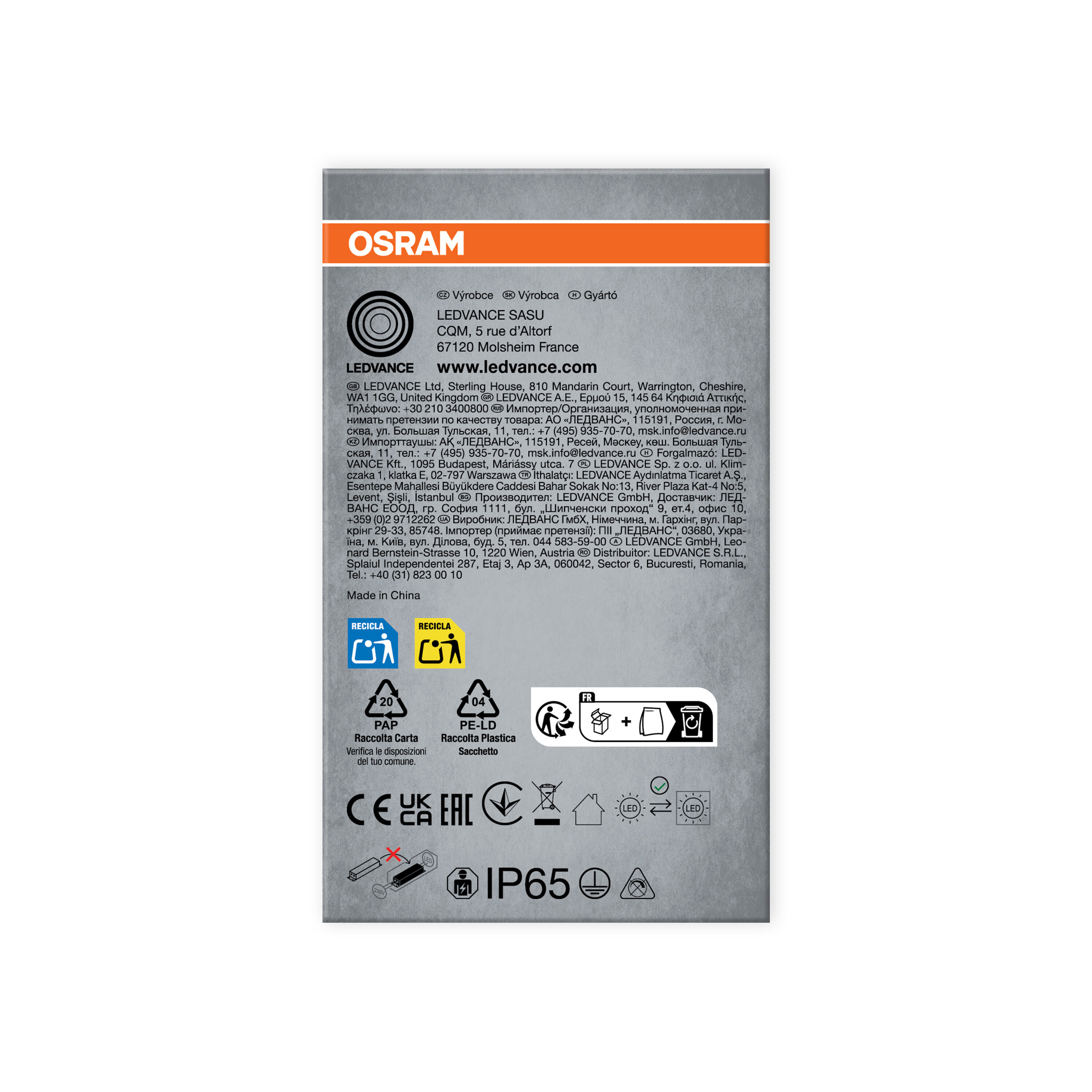 Eine Produktverpackung mit Text und Logos, darunter 'OSRAM', 'LEDVANCE' und Recycling-Symbolen.