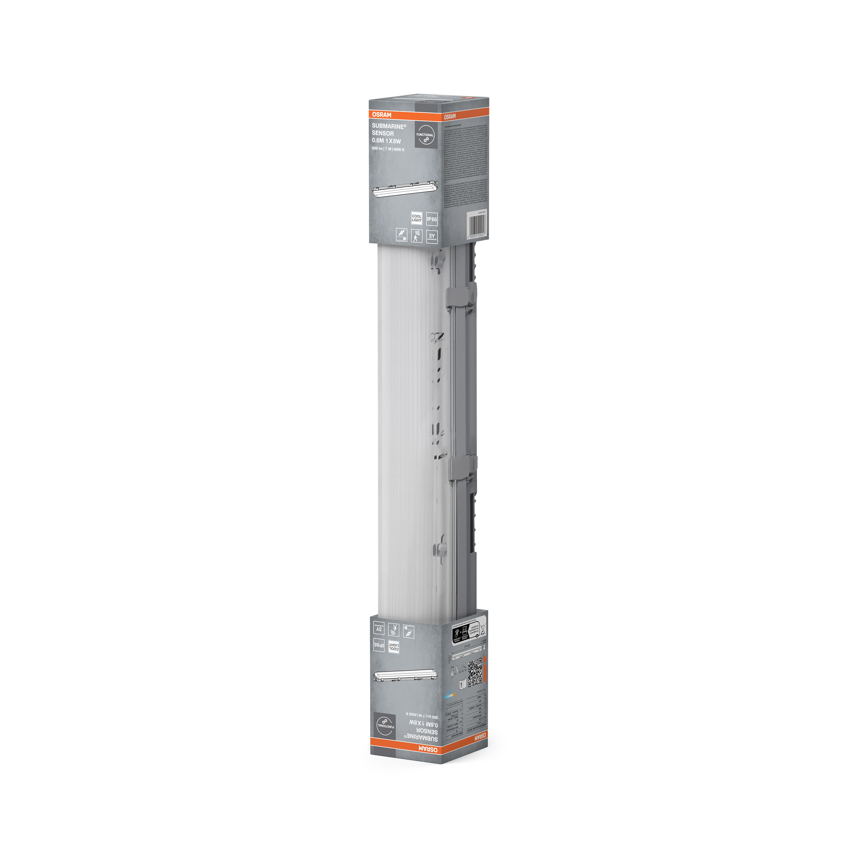 Eine hohe, rechteckige Schachtel mit einer Osram Submarine Sensor-Leuchte mit Produktinformationen.