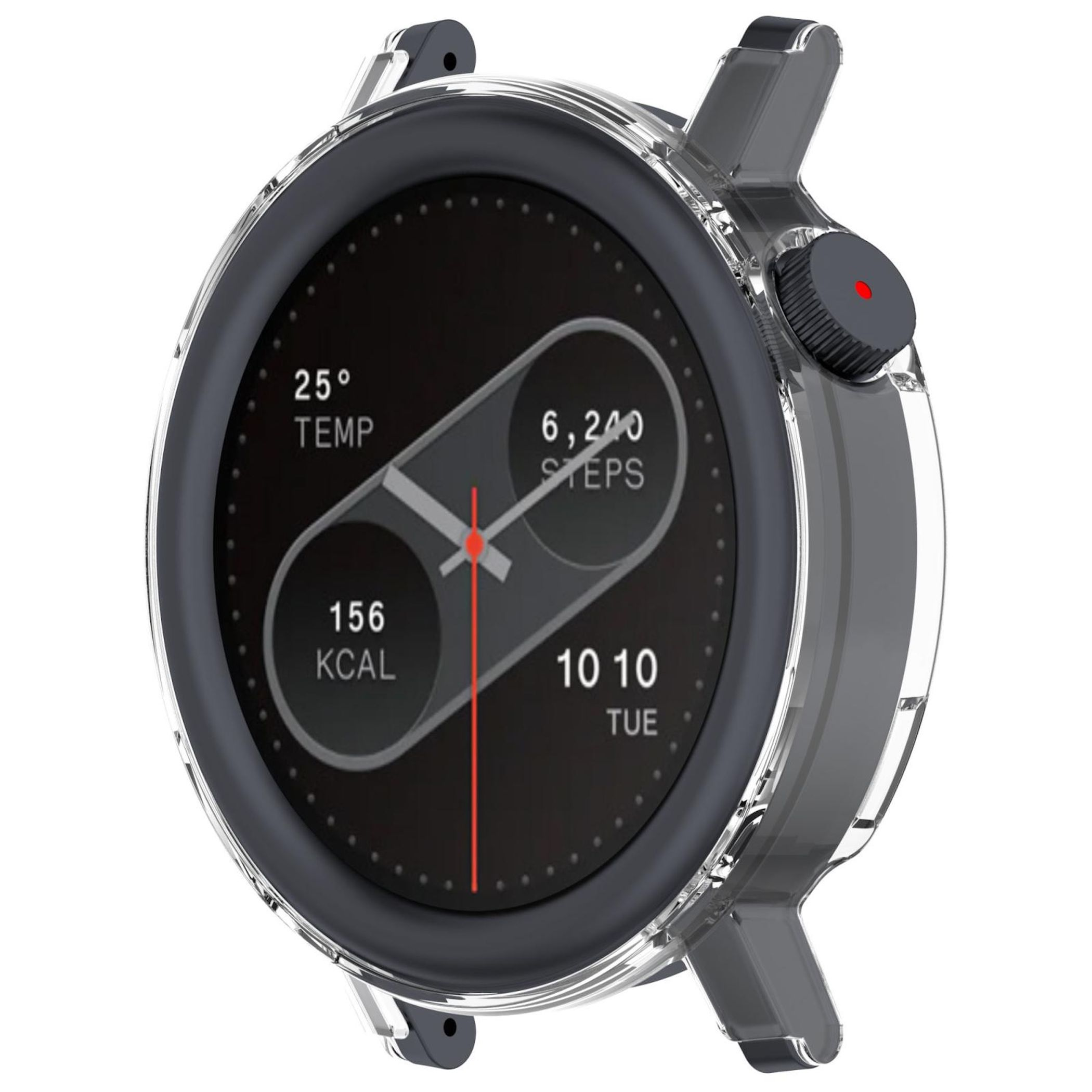 Eine Smartwatch mit transparentem Gehäuse zeigt einen schwarzen Bildschirm mit Zeit, Schritten und Temperatur. Ein roter Punkt ist an der Seite.