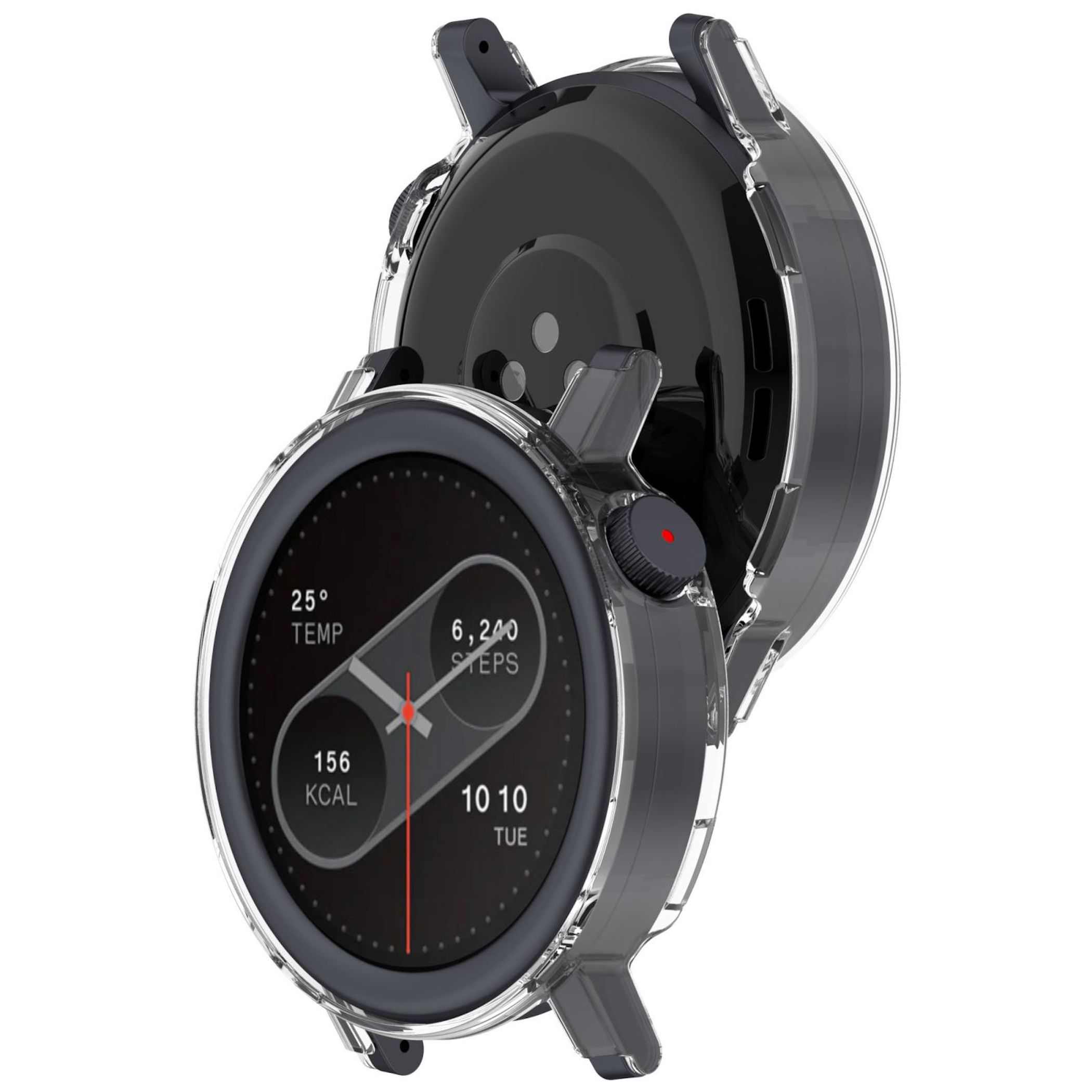 Eine Smartwatch mit transparentem Gehäuse. Die Uhr zeigt Temperatur, Schritte, Kalorien und Uhrzeit an. Schwarz und Grau dominieren.