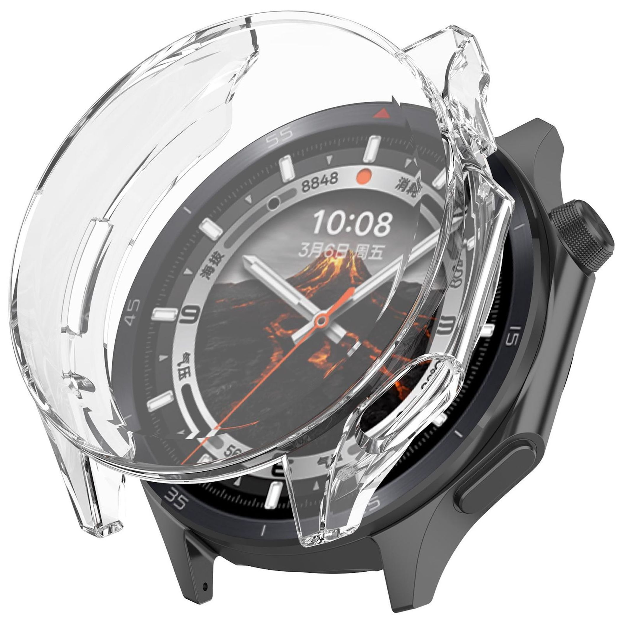 Uno smartwatch con una cover protettiva trasparente. Il quadrante mostra l'ora, la data e un paesaggio montuoso.