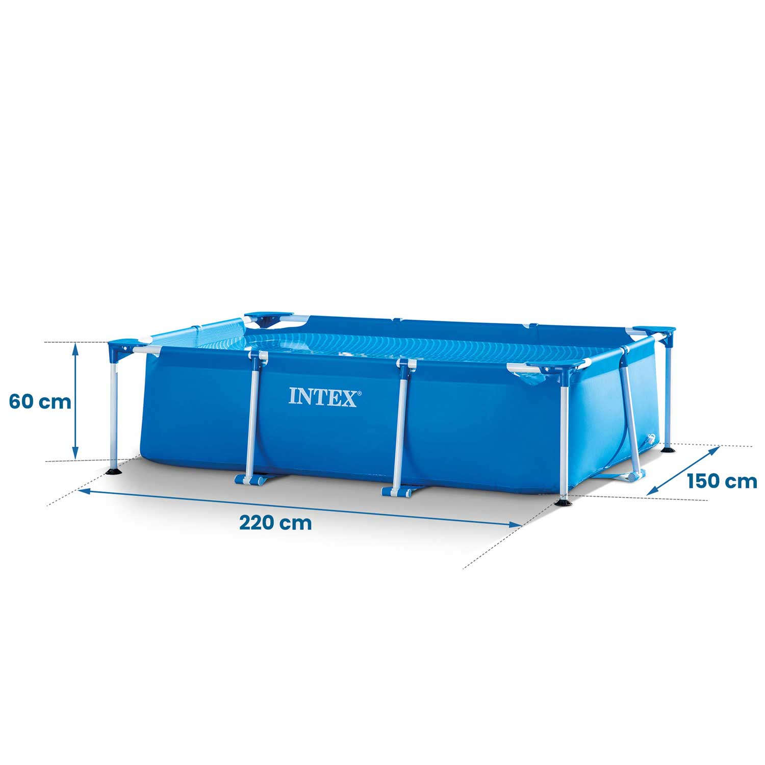 Prostokątny niebieski basen Intex o wymiarach: 220 cm długości, 150 cm szerokości i 60 cm wysokości. Widoczne białe rury podporowe.