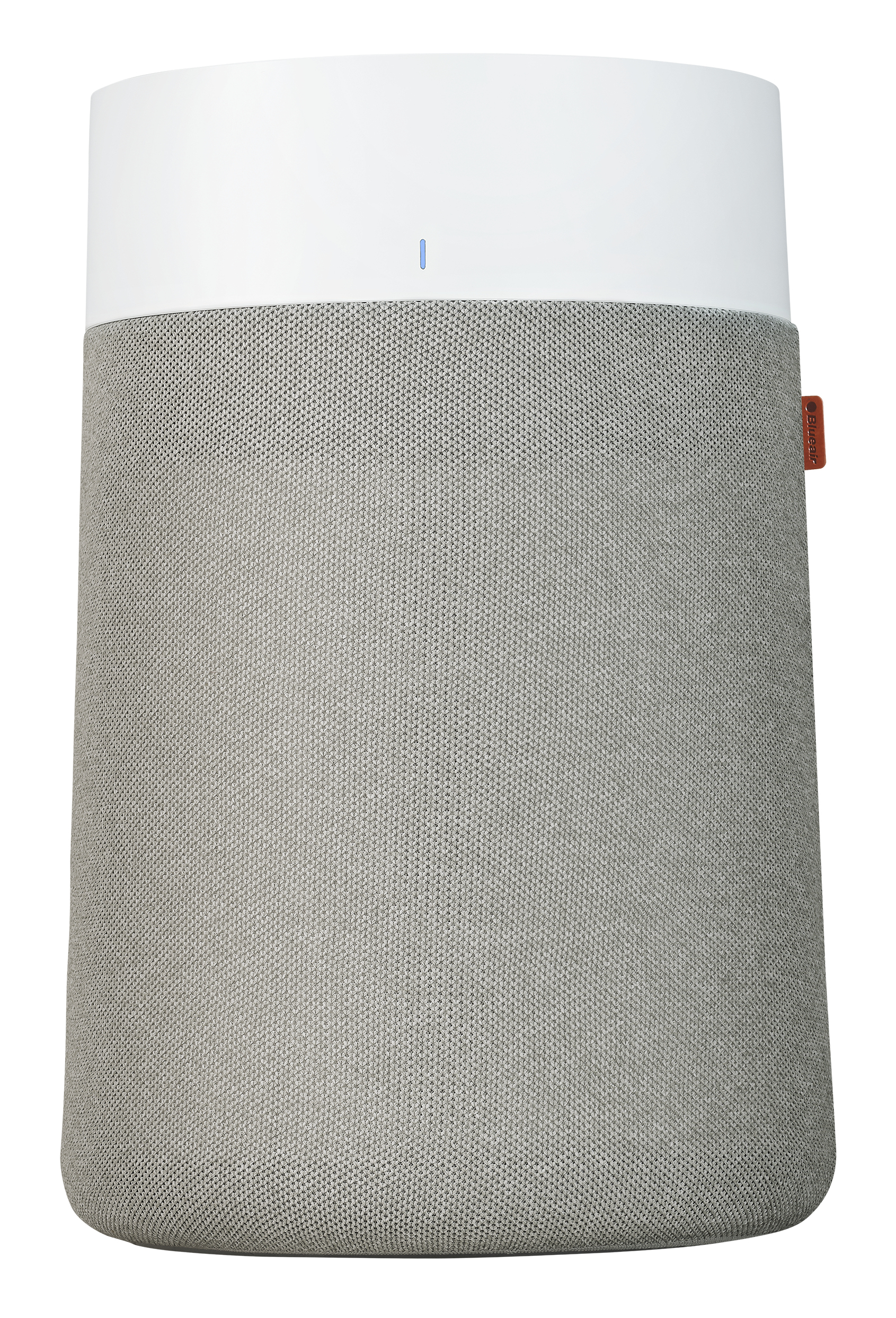 Un purificatore d'aria con parte superiore bianca e base in tessuto grigio. Ha una piccola luce blu e un logo arancione.