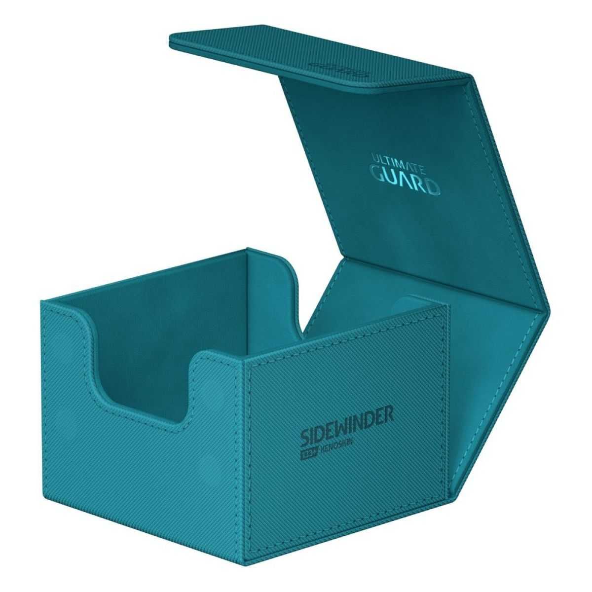 Une boîte de rangement de cartes turquoise est ouverte. La boîte porte les logos 'Sidewinder' et 'Ultimate Guard'.