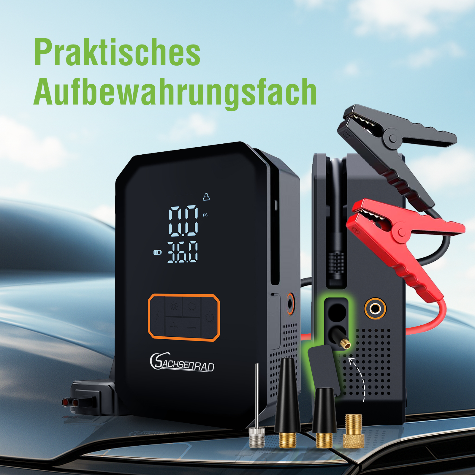 Ein schwarzer Starthilfe für Autos mit Digitalanzeige und Zubehör auf einem Auto. Text in Grün: Praktisches Aufbewahrungsfach.
