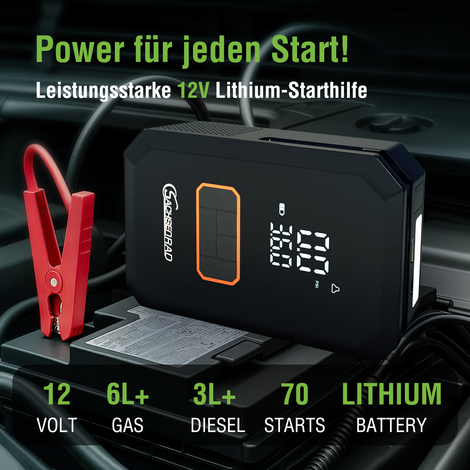 Ein schwarzer Starthilfe mit roter Klemme liegt auf einer Autobatterie. Text: 12V Lithium Batterie.