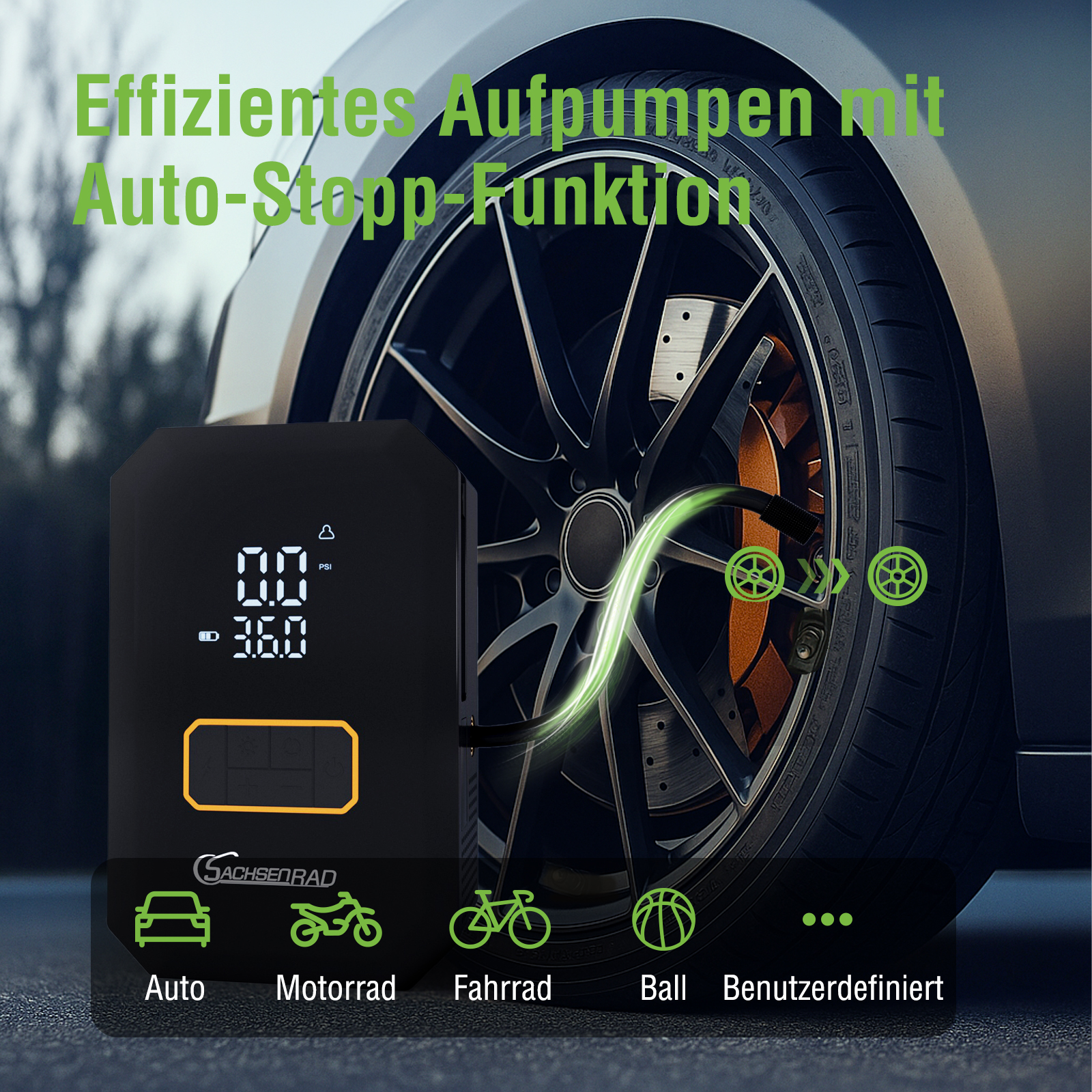 Eine Luftpumpe mit Digitalanzeige wird vor einem Autoreifen gezeigt. Die Pumpe hat verschiedene Modi für verschiedene Fahrzeuge.