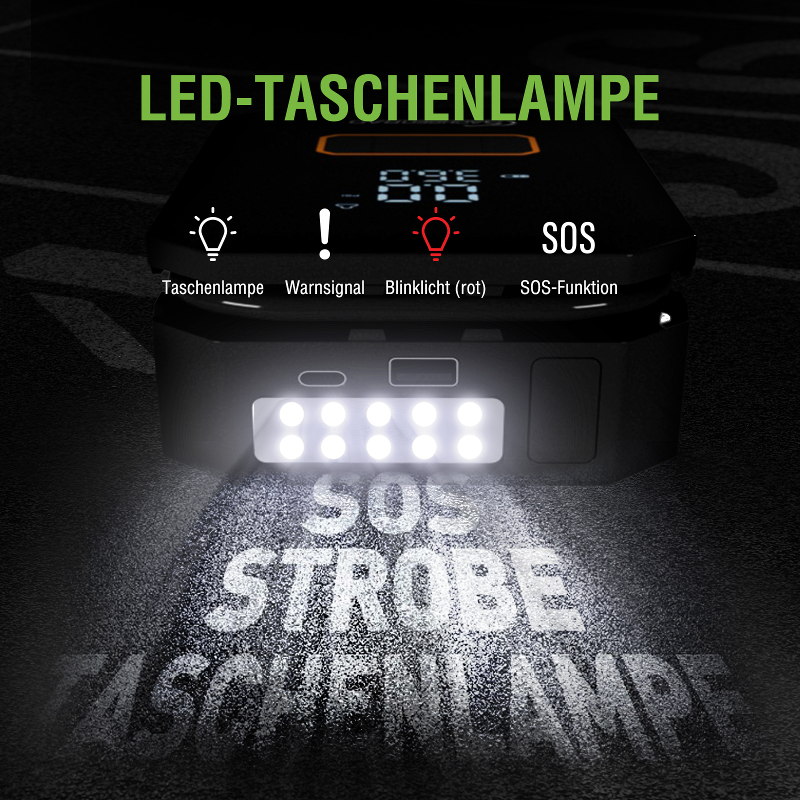 Eine schwarze Taschenlampe mit LED-Lichtern, die SOS-Stroboskop-Funktion zeigt. Text enthält 'LED-TASCHENLAMPE' und Funktionssymbole.